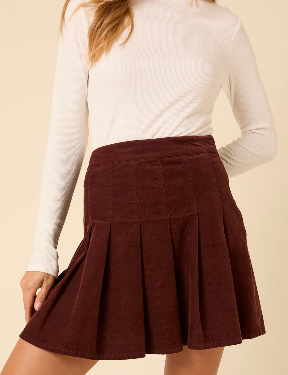 Brown Cord Pleated Mini Skirt - Image 3