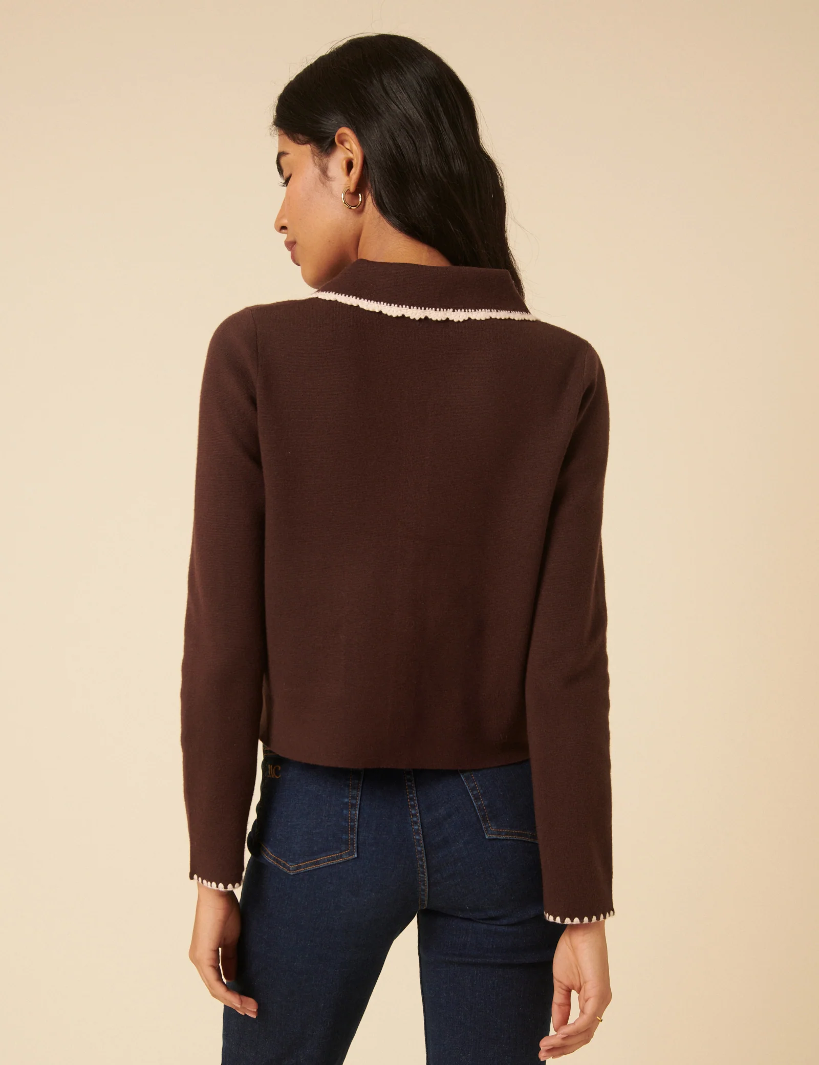 Brown Crochet Collar Bow Button Cardigan - Image 5