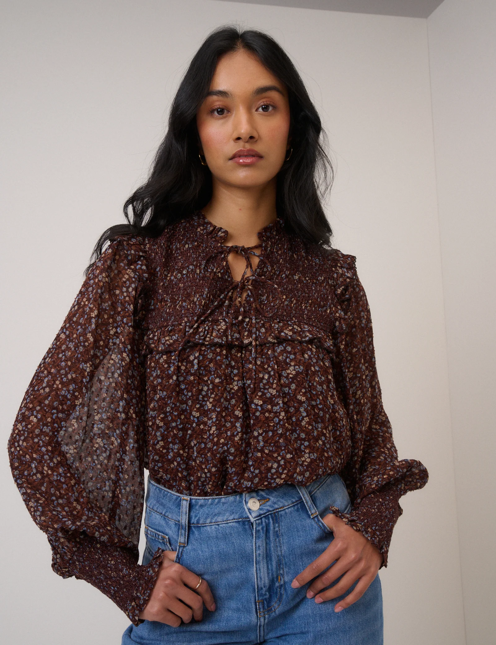 Brown Ditsy Floral Balloon Sleeve Blouse - Image 2