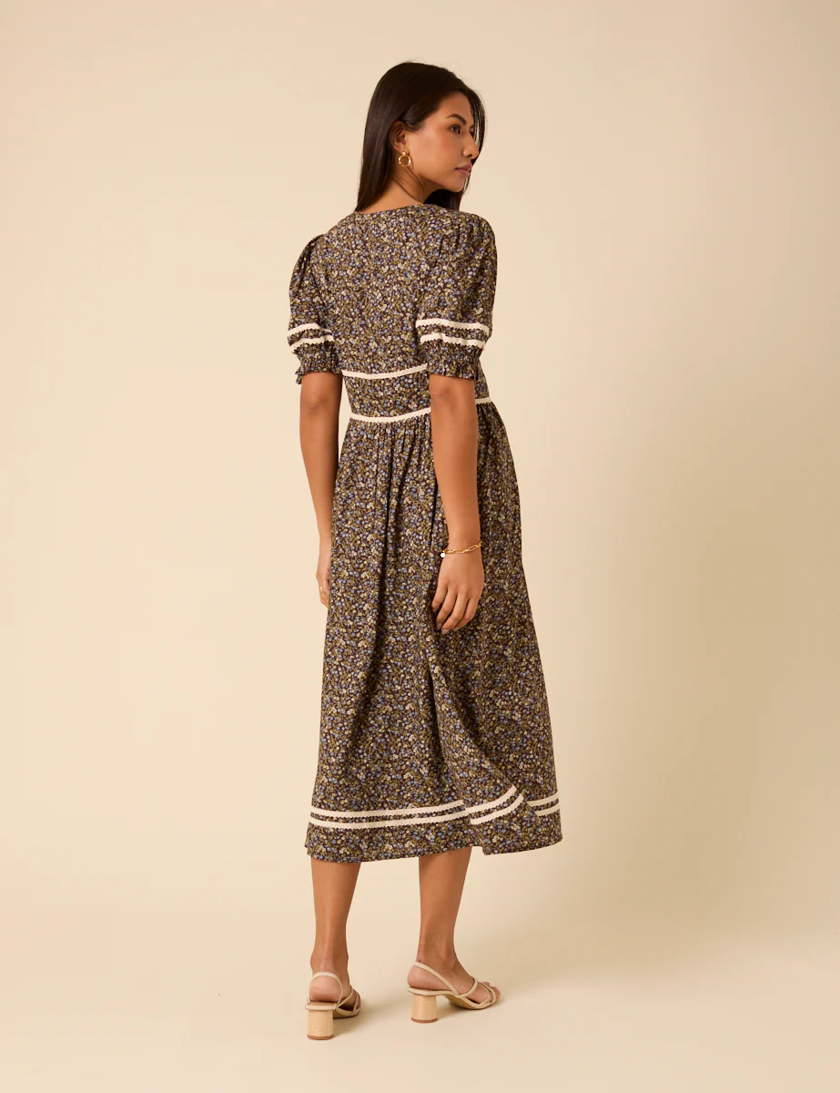 Brown Ditsy Floral Saffy Midi Dress - Image 3