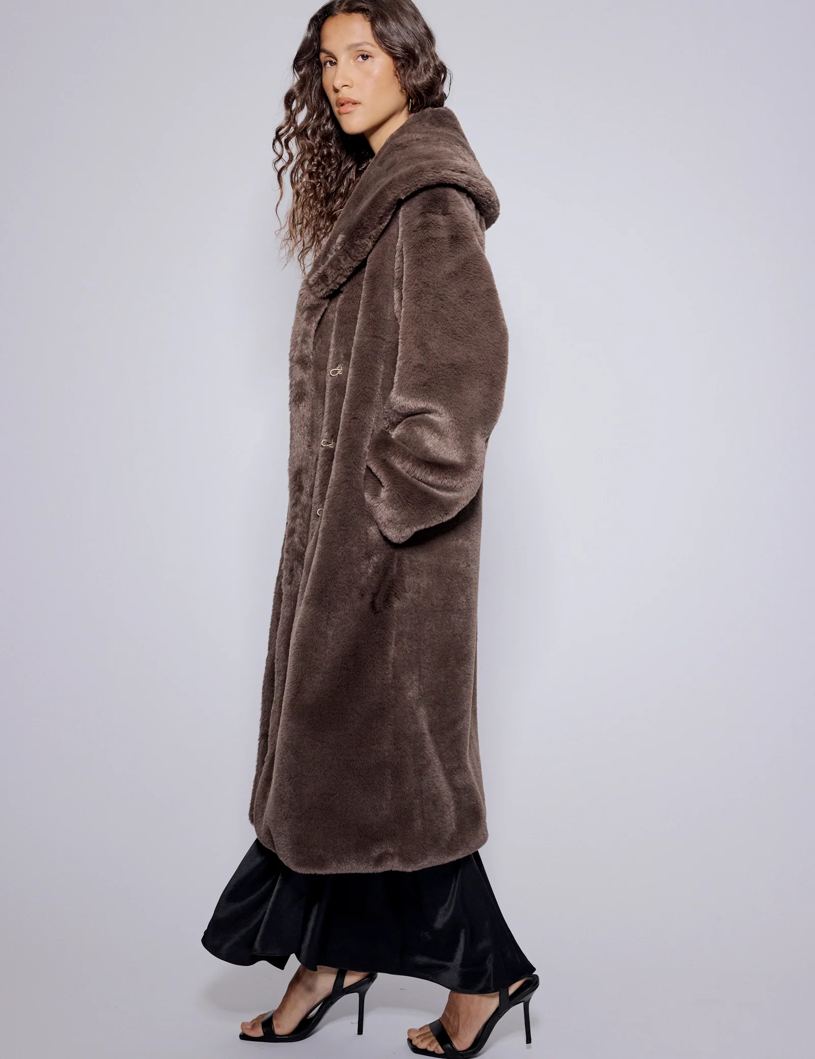 Brown Faux Fur Collared Longline Jacket - Image 3