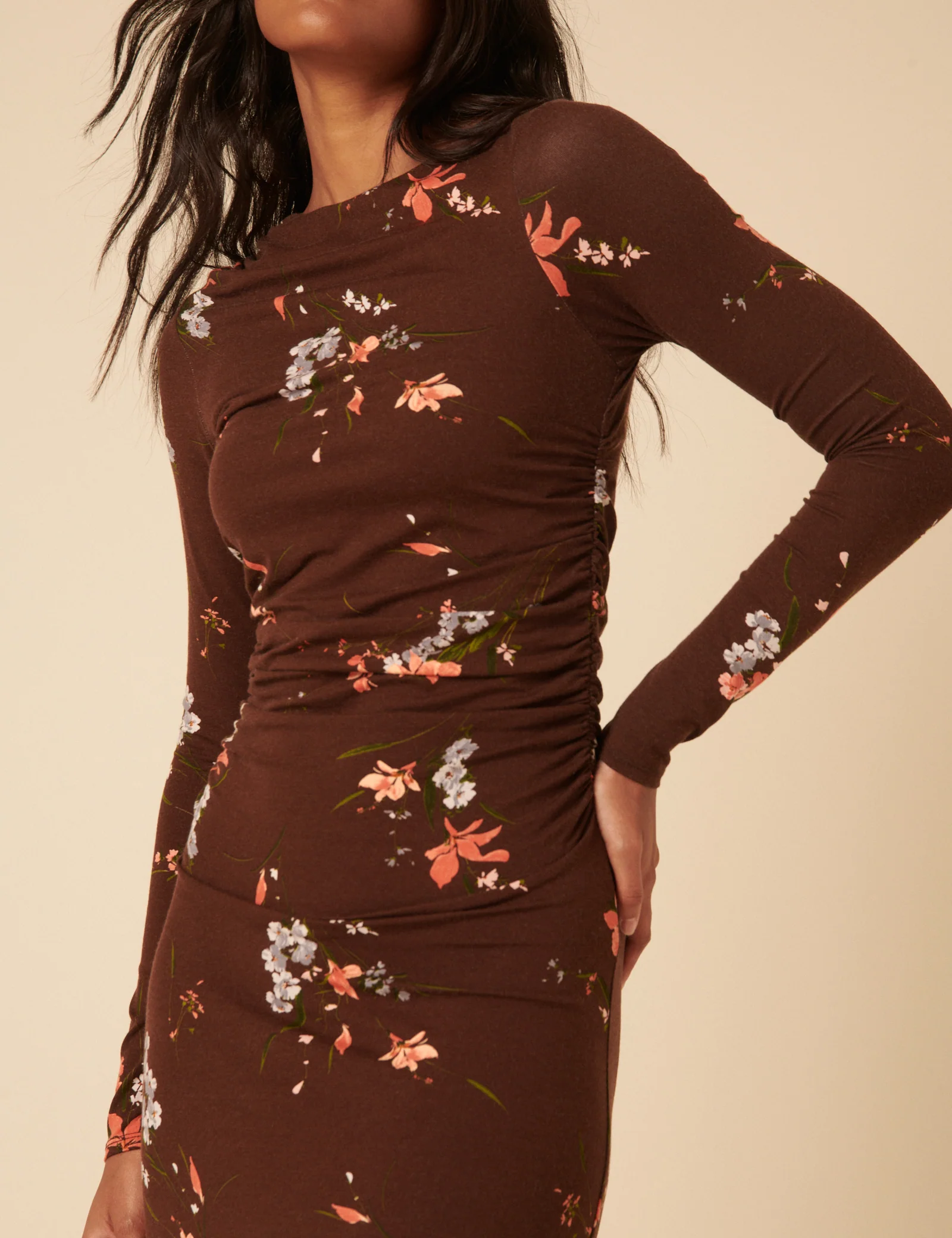 Brown Floral Jersey Draped Laurella Midi Dress - Image 2