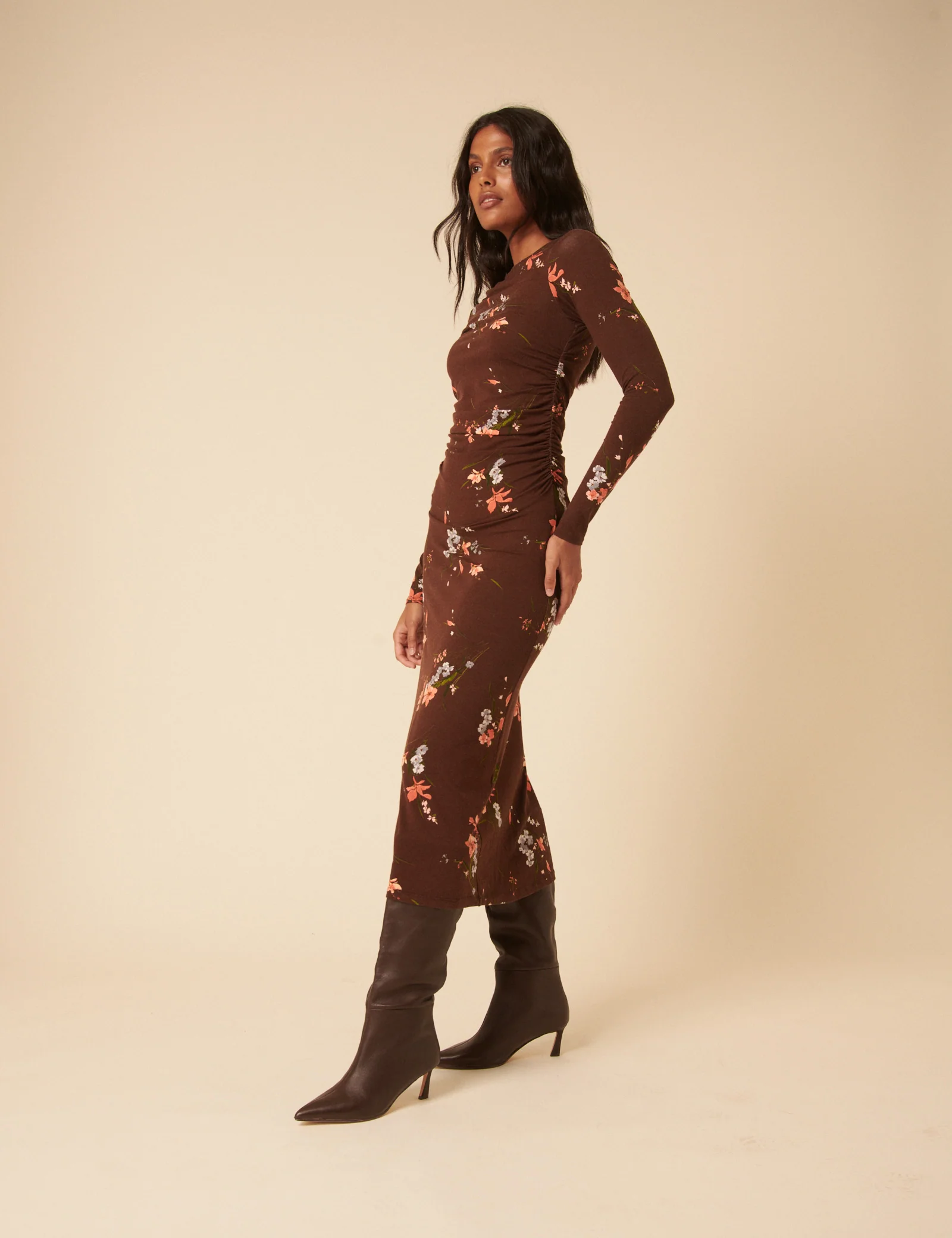 Brown Floral Jersey Draped Laurella Midi Dress - Image 3