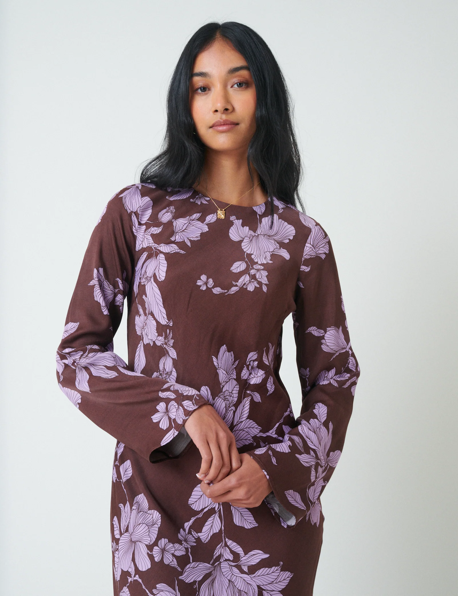 Brown Floral Long Sleeve Shiloh Midi Dress - Image 3