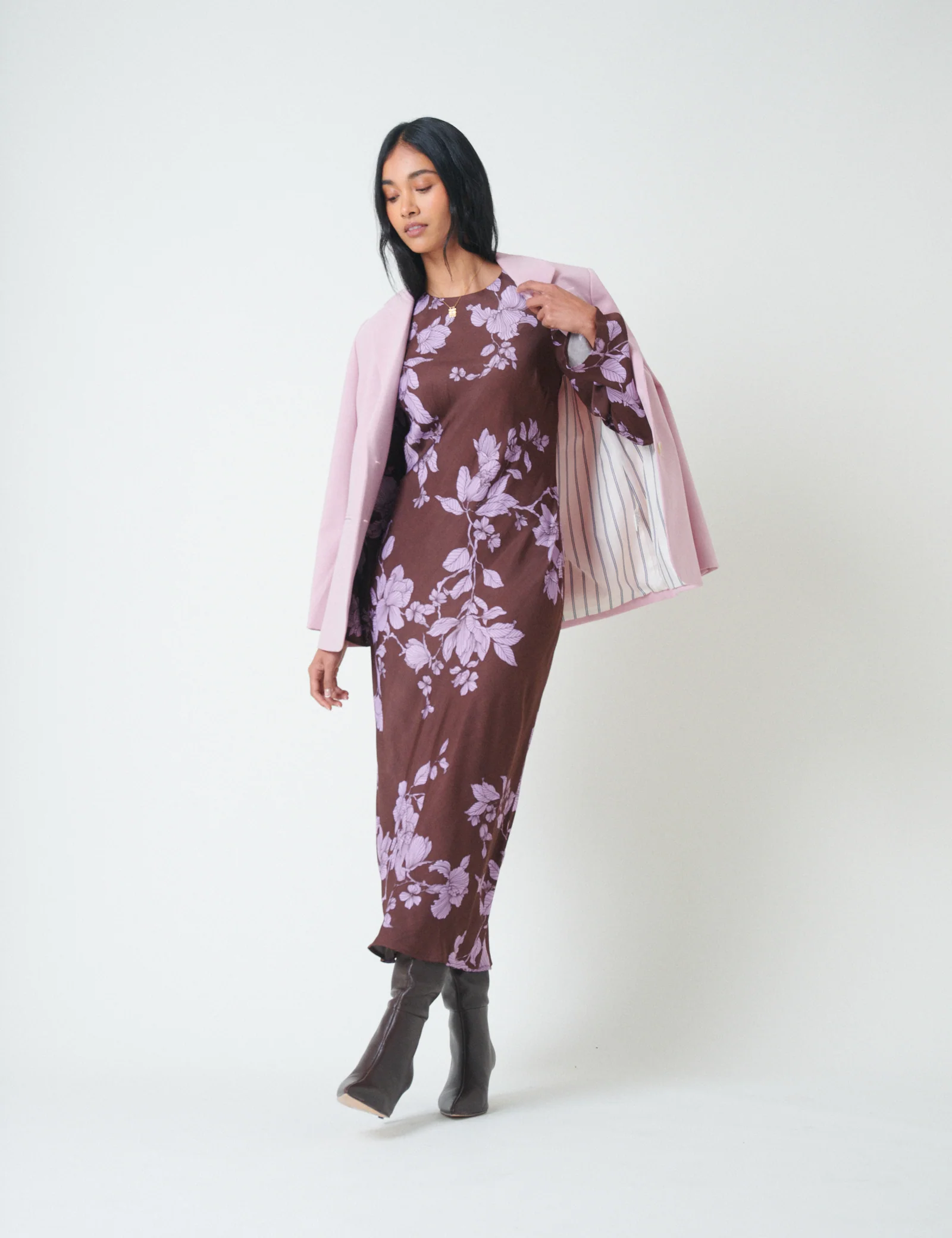 Brown Floral Long Sleeve Shiloh Midi Dress - Image 4