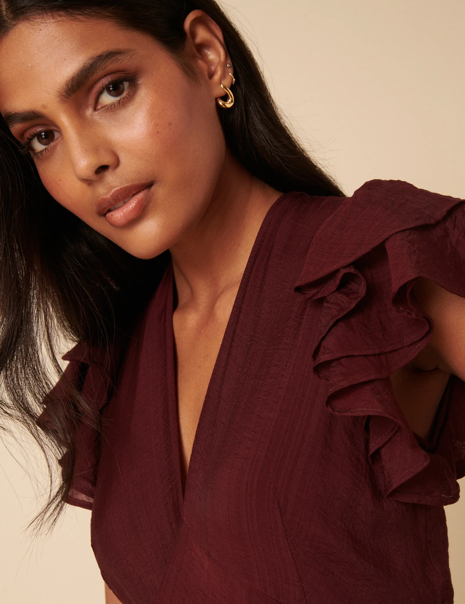 Burgundy Frill Sleeve Layla Midi Dress - Image 3