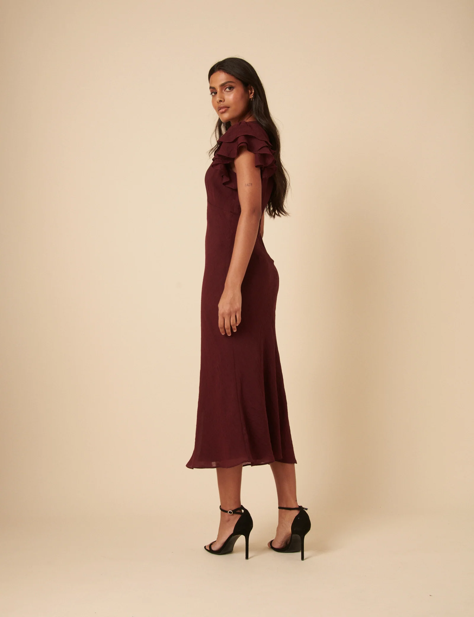 Burgundy Frill Sleeve Layla Midi Dress - Image 5