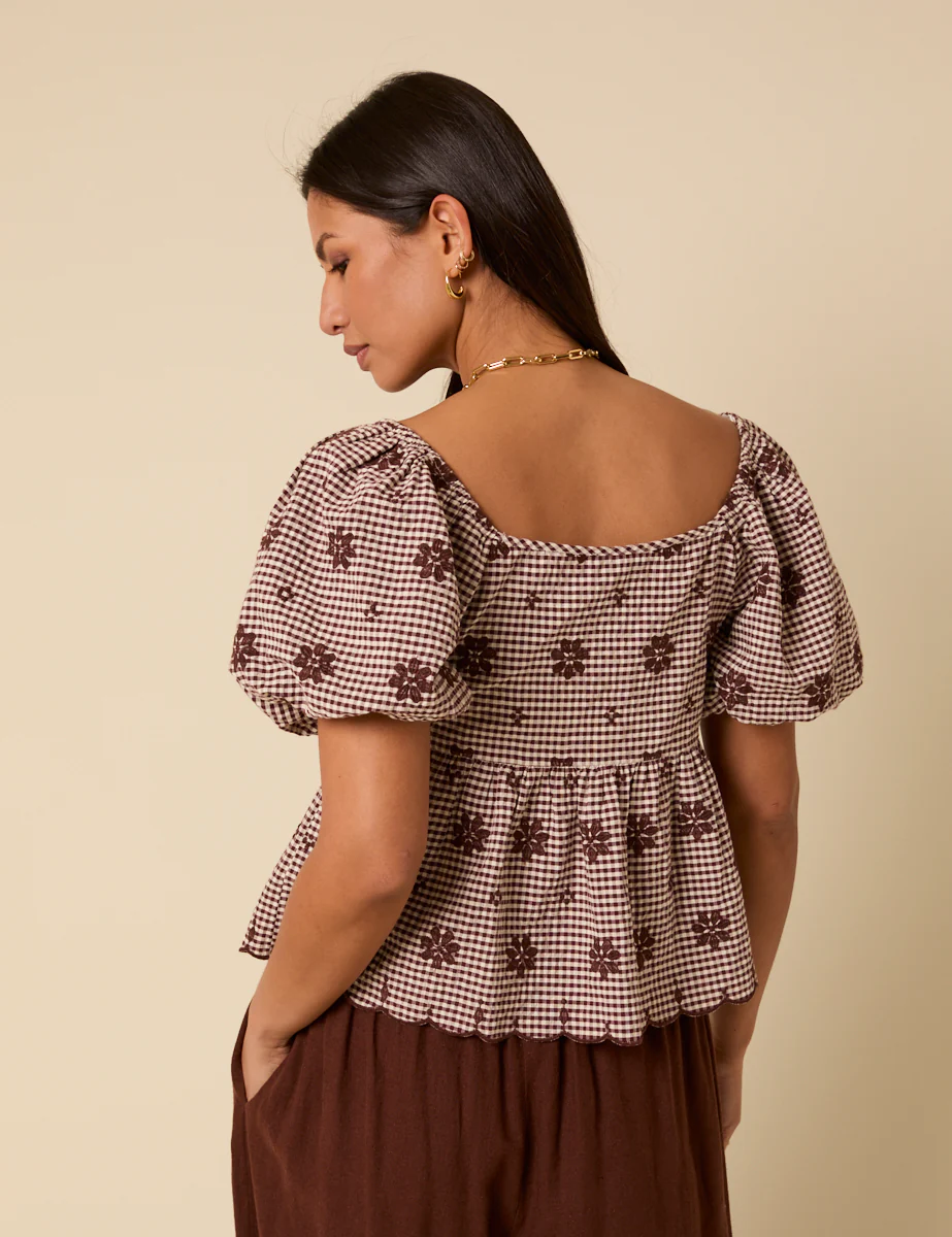Brown Gingham Embroidered Top - Image 5