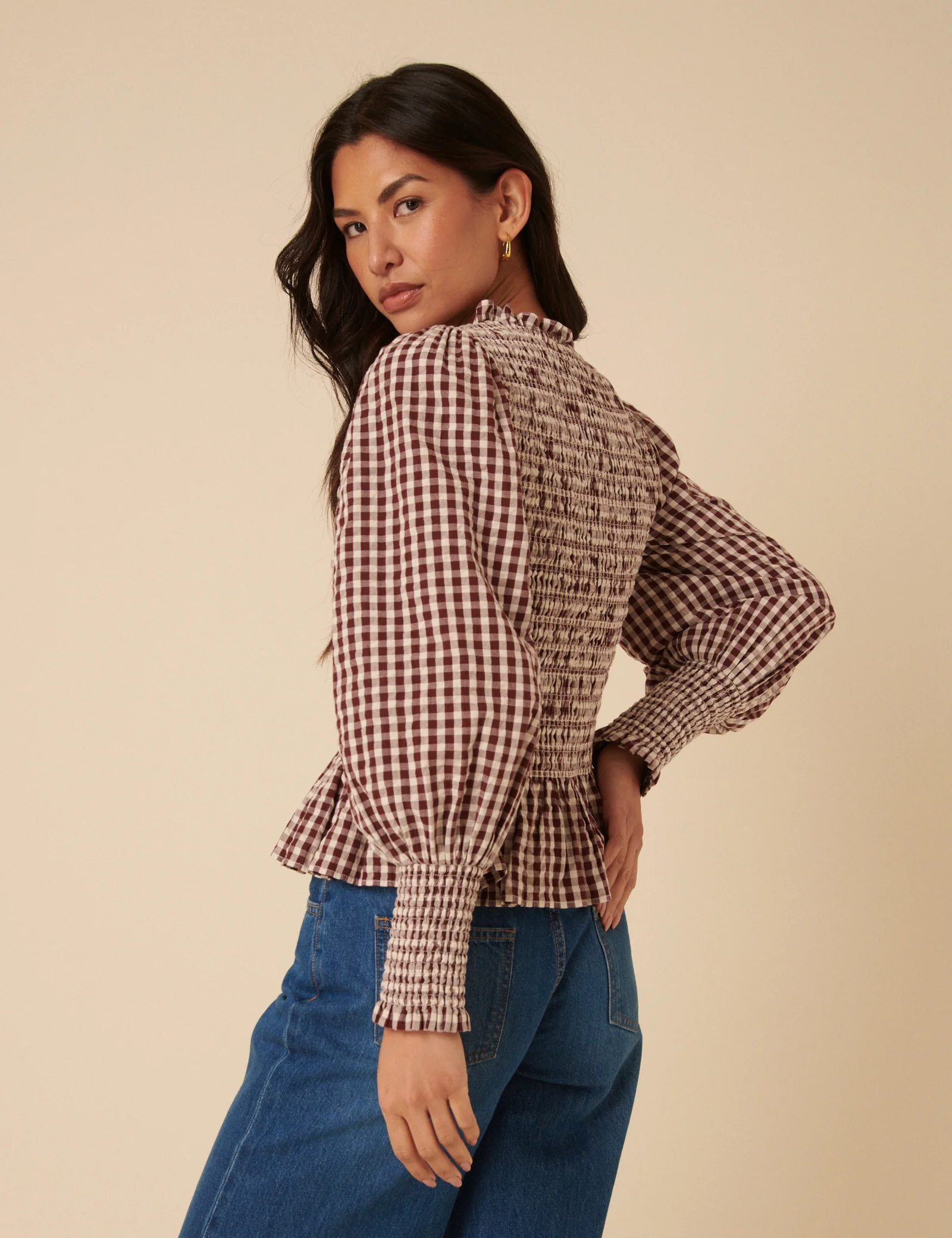 Brown Gingham Shirred Long Sleeve Top - Image 4