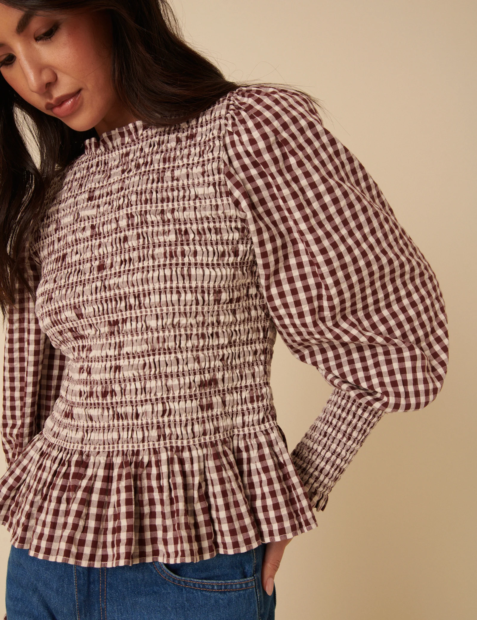 Brown Gingham Shirred Long Sleeve Top - Image 5