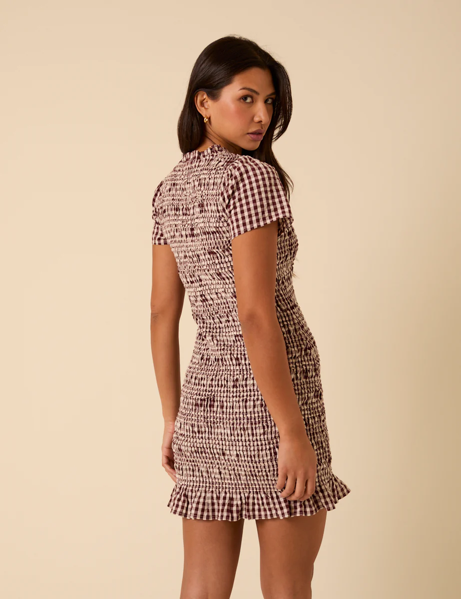 Brown Gingham Shirred Martha Mini Dress - Image 4