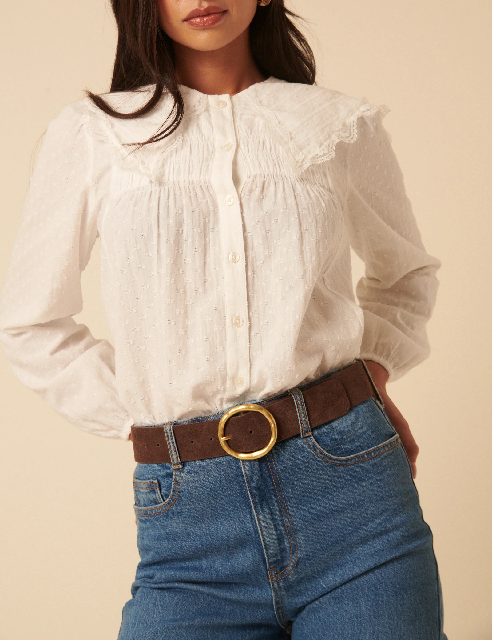 Brown Gold Circular Buckle Suede Belt