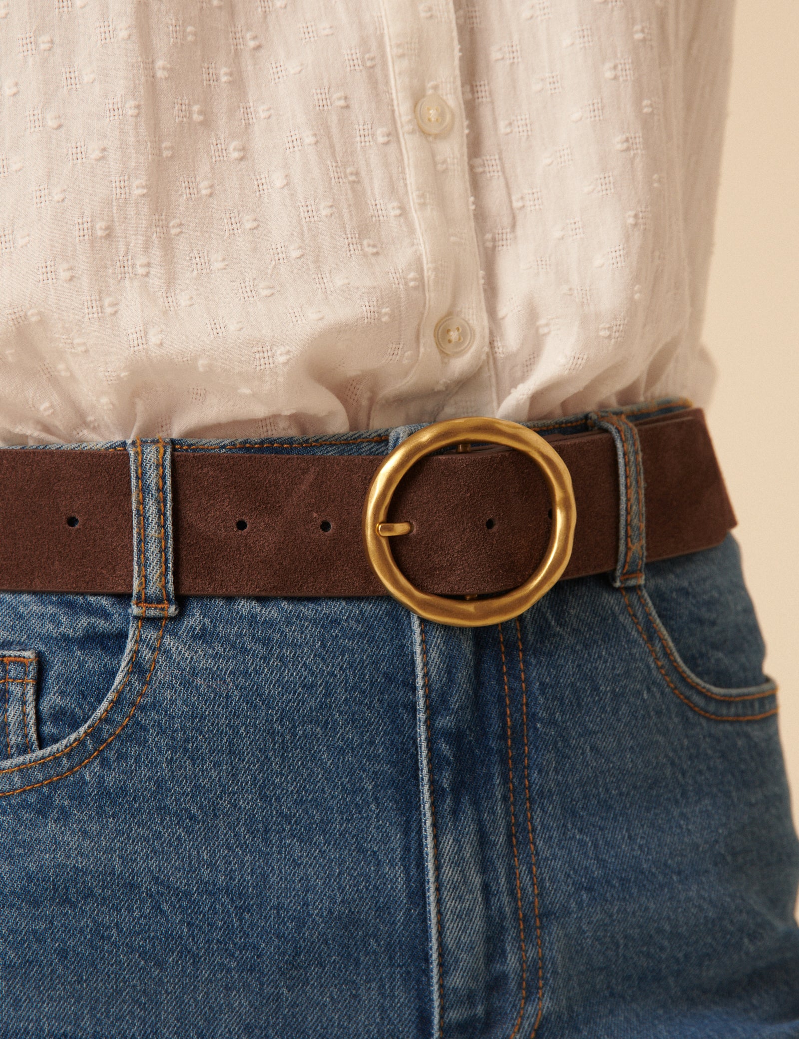 Brown Gold Circular Buckle Suede Belt - Image 4