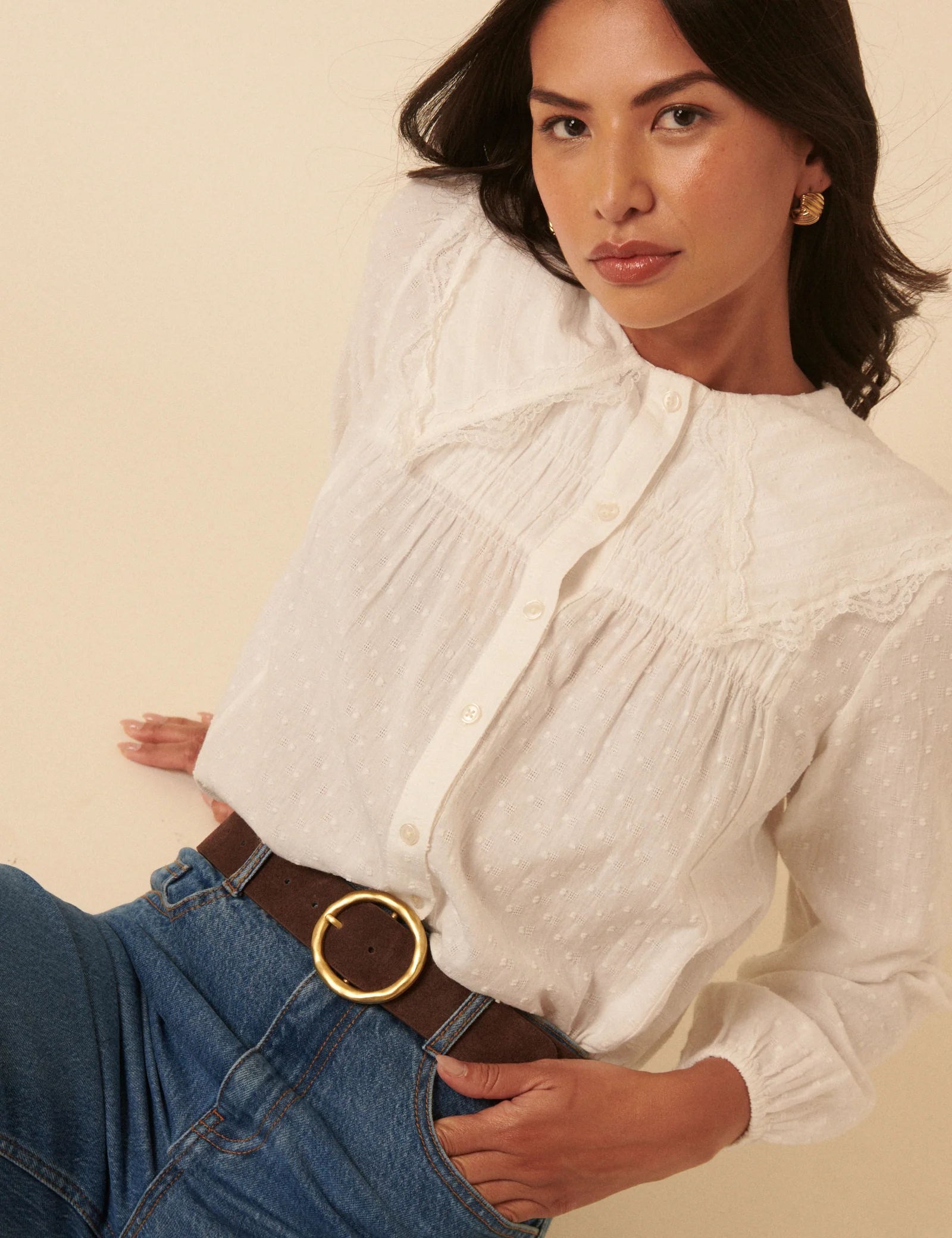 Brown Gold Circular Buckle Suede Belt - Image 5