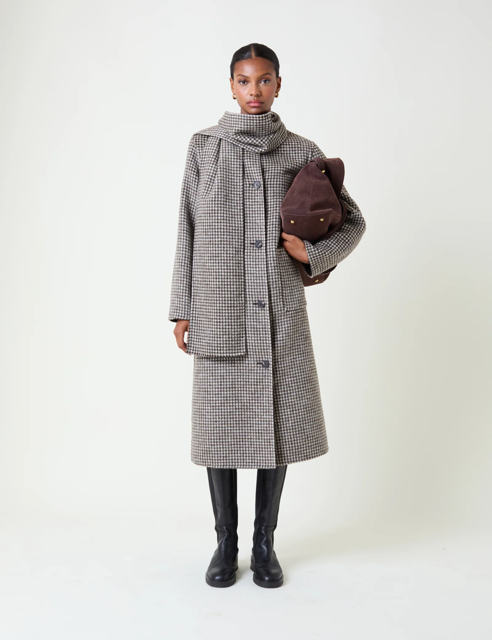 Brown Houndstooth Reversible Scarf Coat