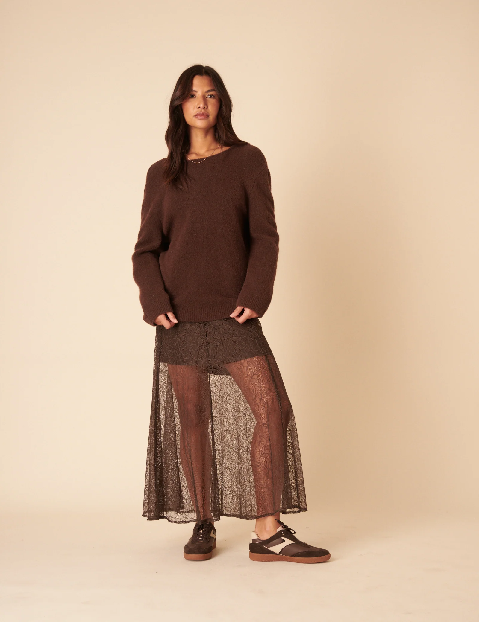 Brown Lace Midi Skirt - Image 3