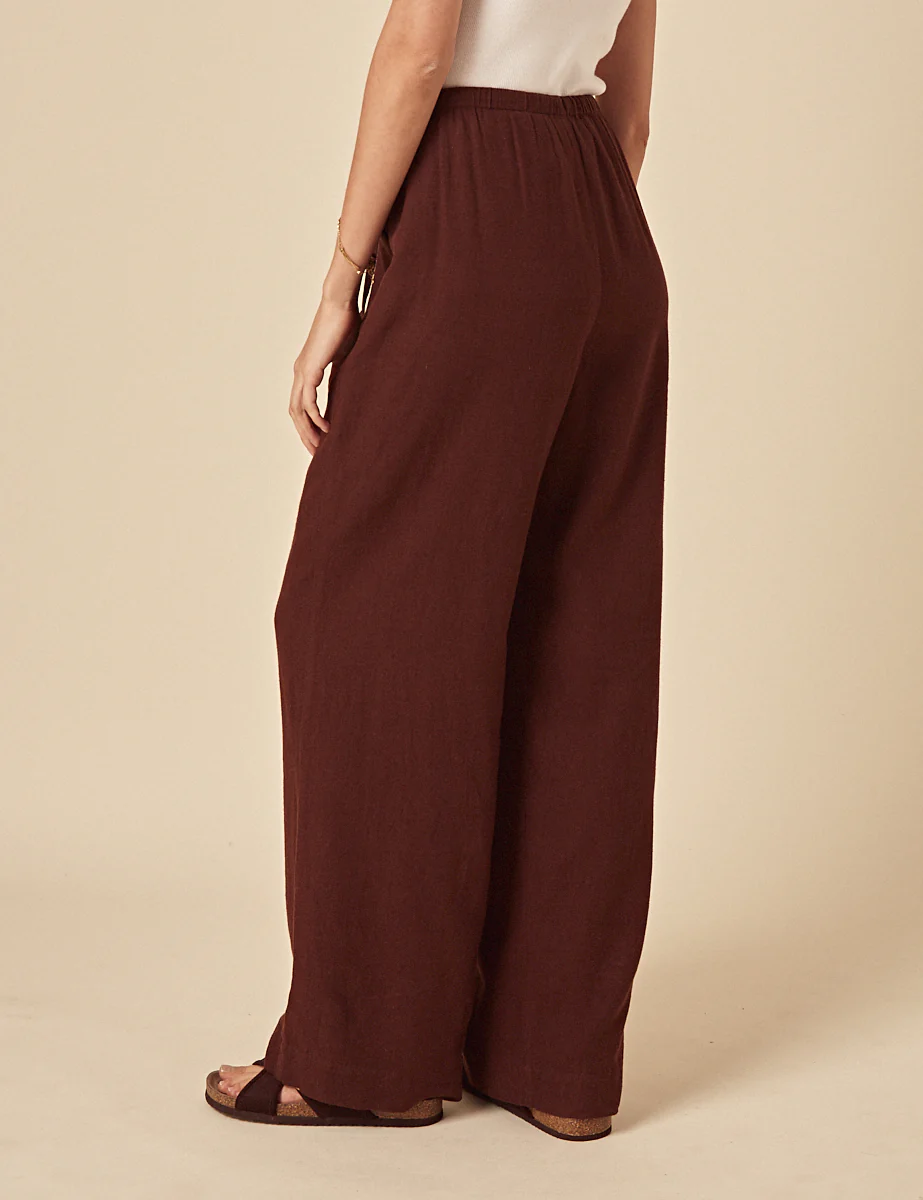 Brown Linen-blend Wide Leg Trousers - Image 4