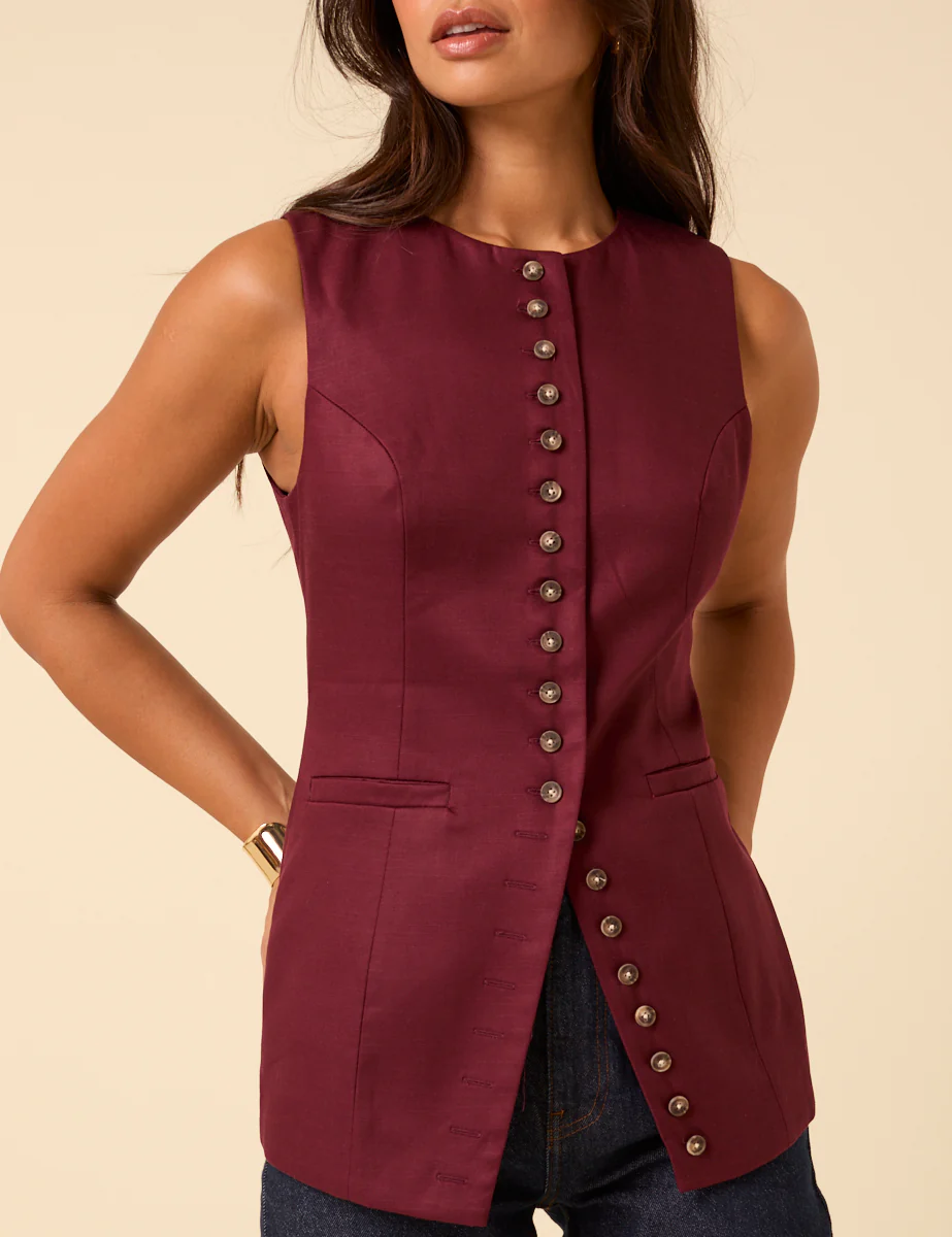 Burgundy Longline Waistcoat - Image 2