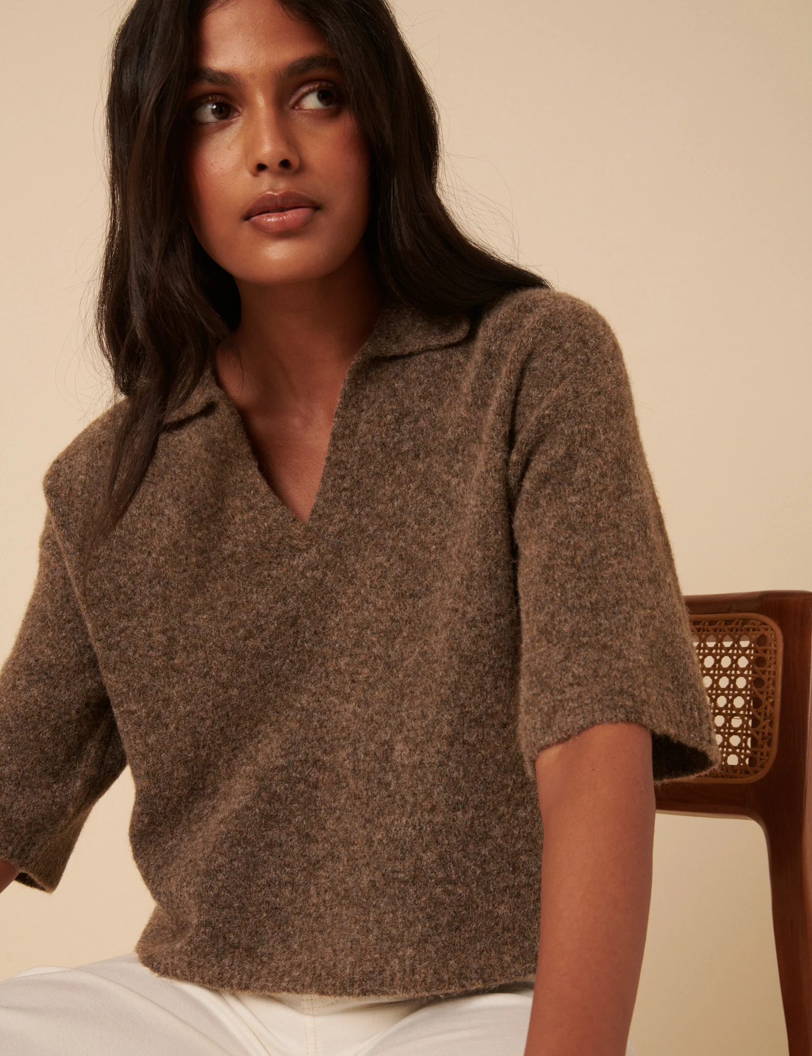 Brown Open Collar Knitted Short Sleeve Jumper - Image 2