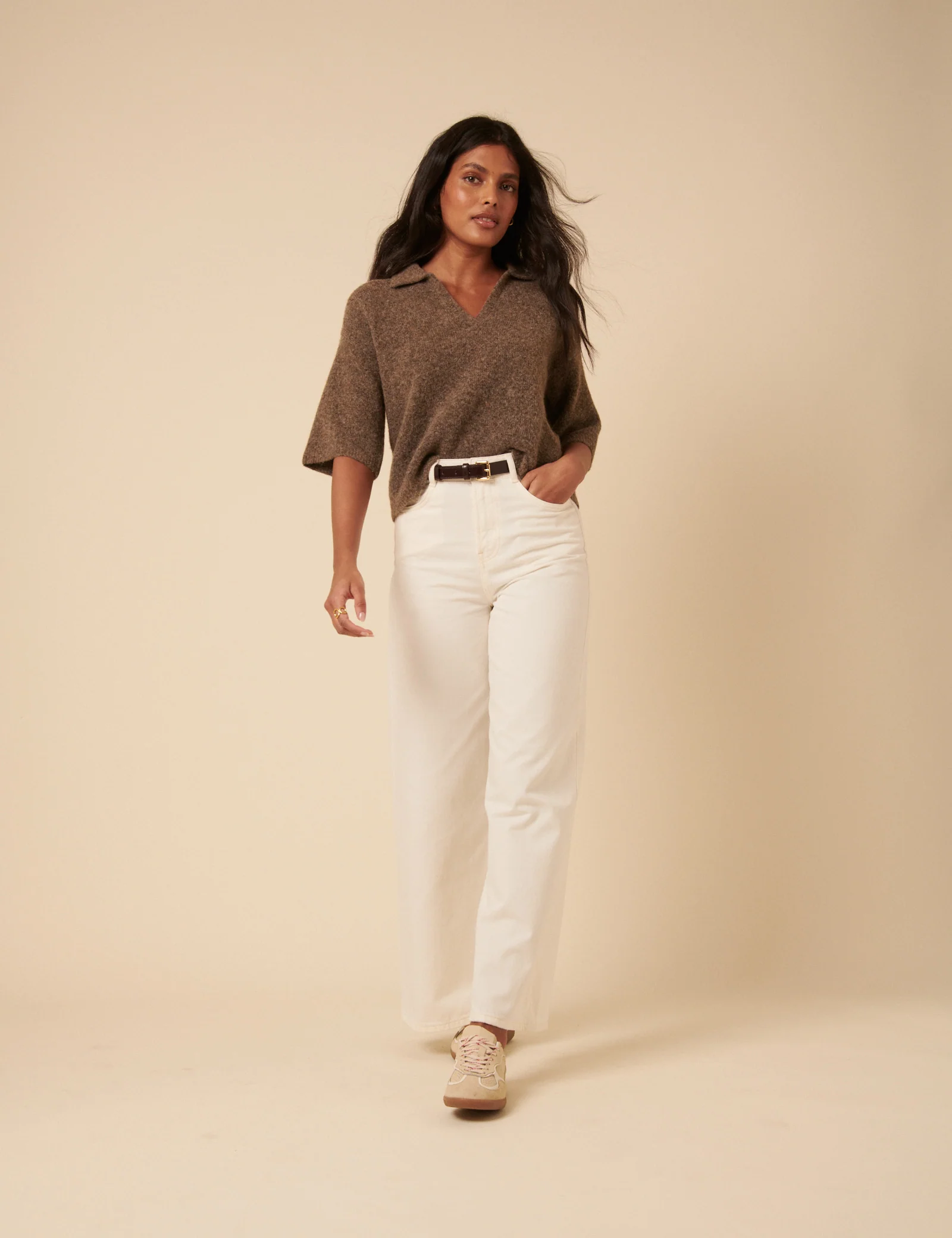 Brown Open Collar Knitted Short Sleeve Jumper - Image 3
