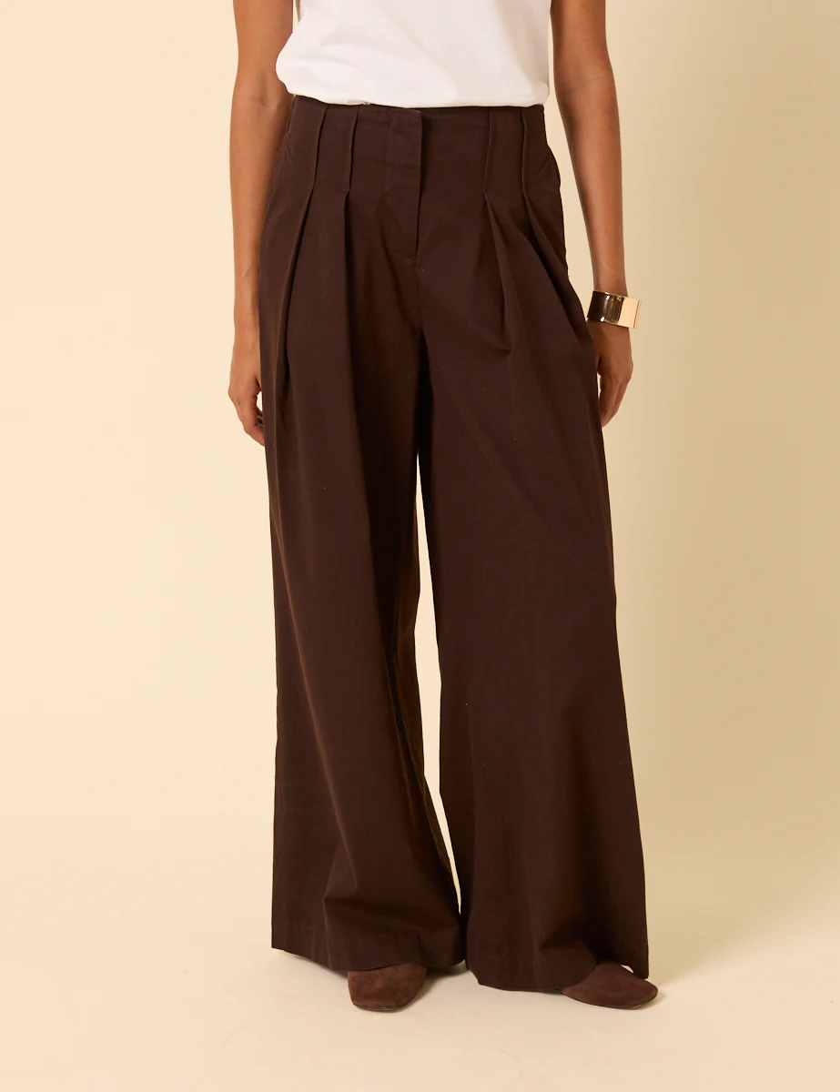 Brown Pleated Wide Leg Trousers - Image 2