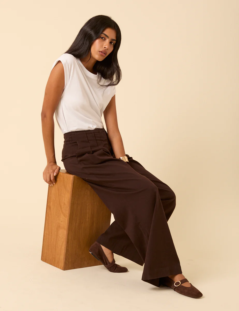 Brown Pleated Wide Leg Trousers - Image 3