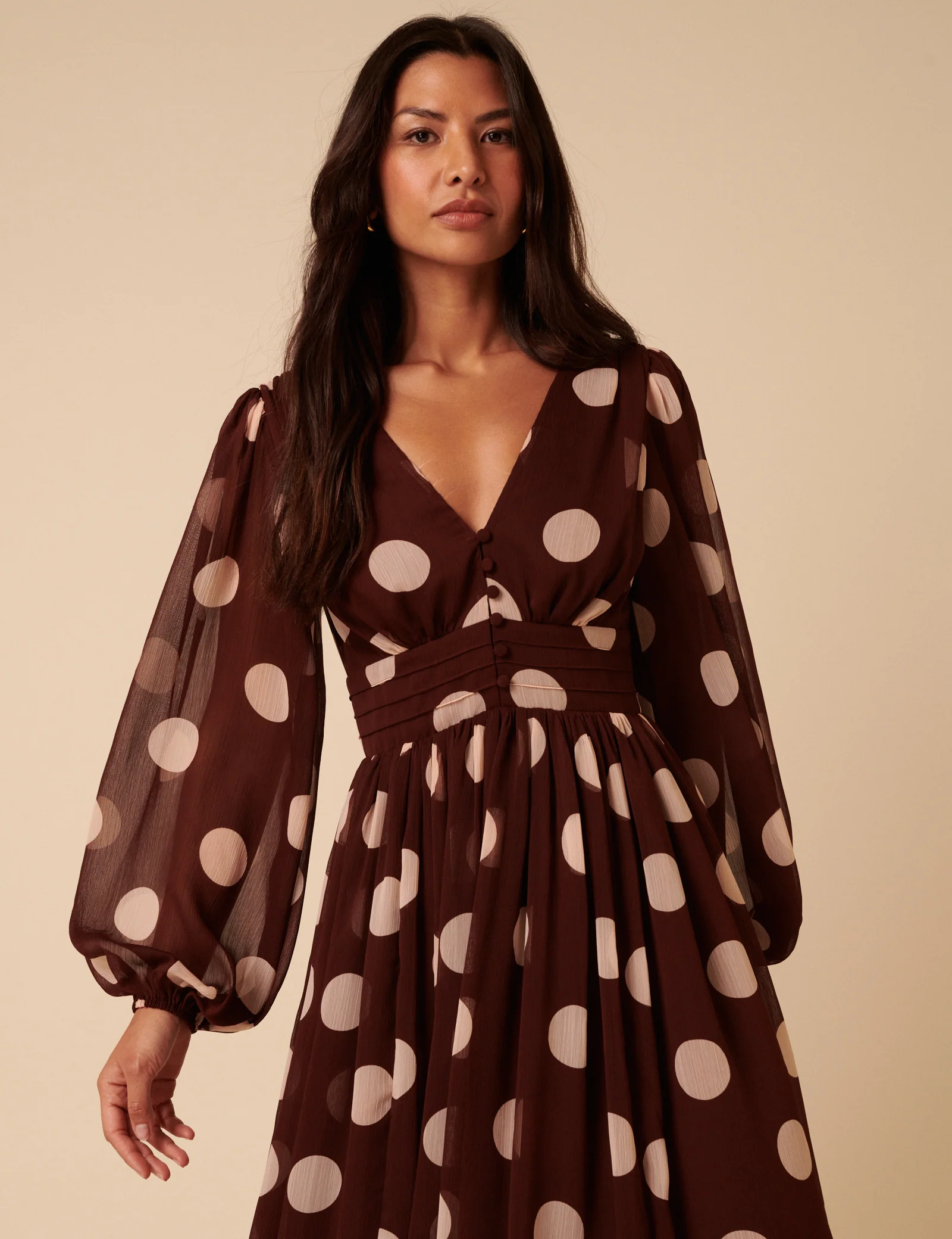 Brown Polka Dot Balloon Sleeve Anya Midi Dress - Image 2