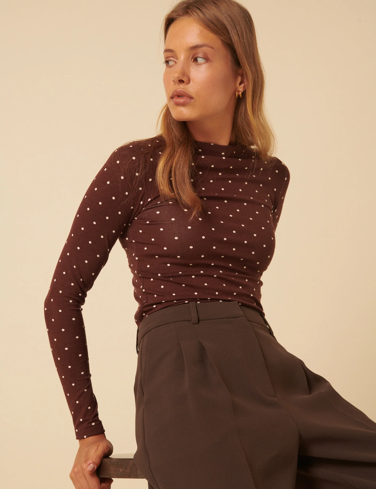 Brown Polka Dot High Neck Long Sleeve Top - Image 3