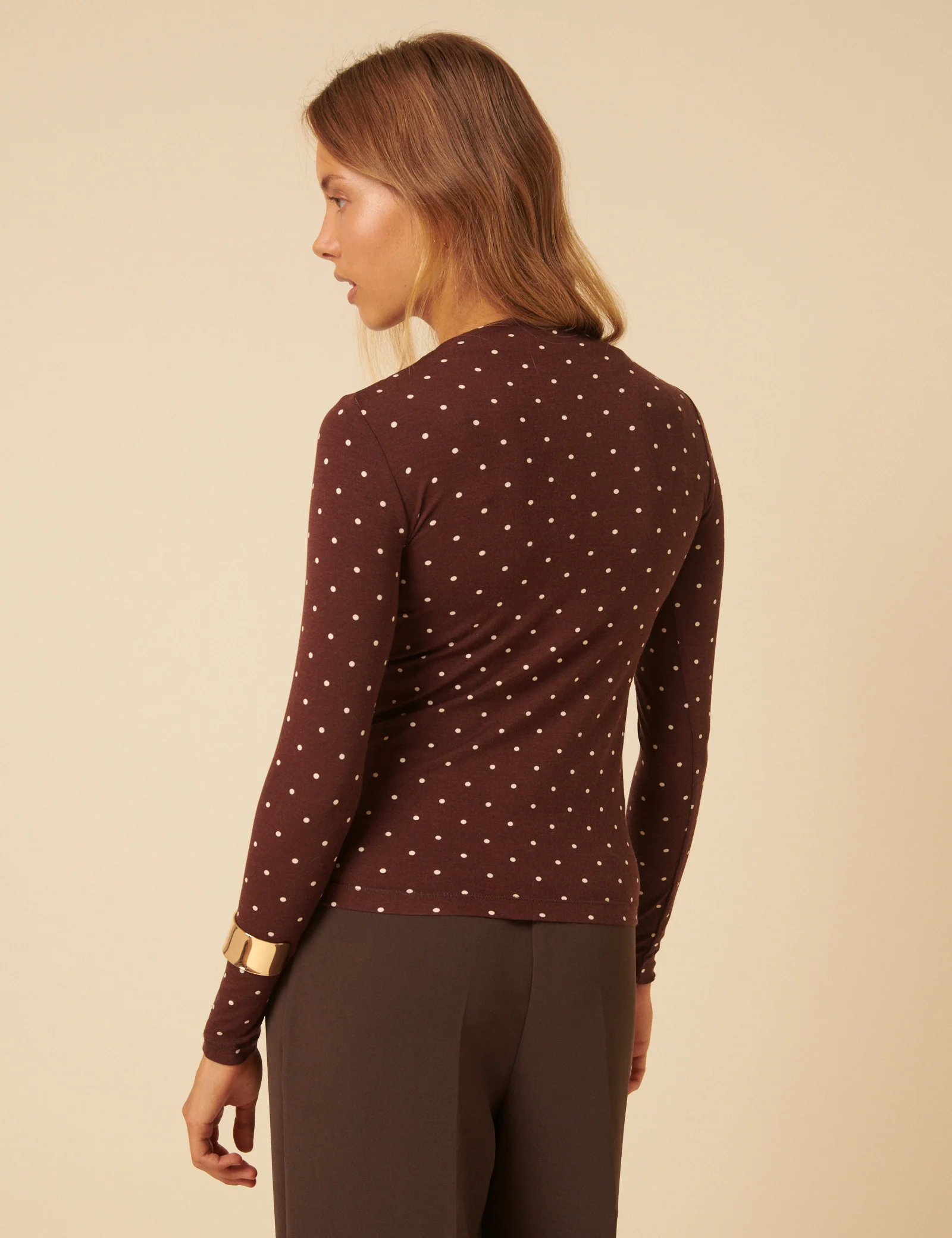 Brown Polka Dot High Neck Long Sleeve Top - Image 4