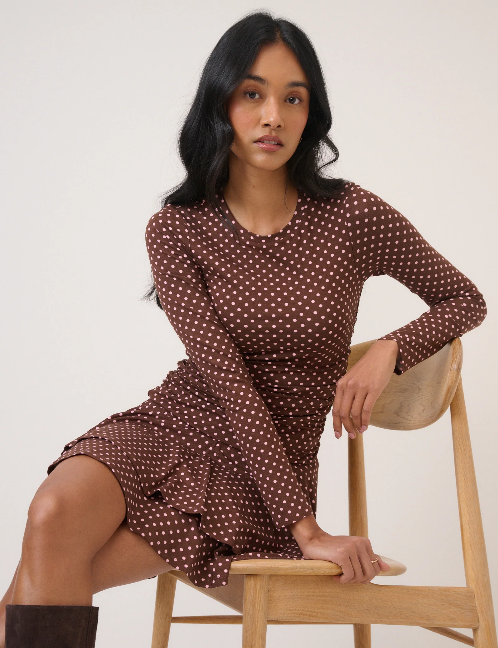 Brown Polka Dot Long Sleeve Yuki Jersey Mini Dress - Image 3