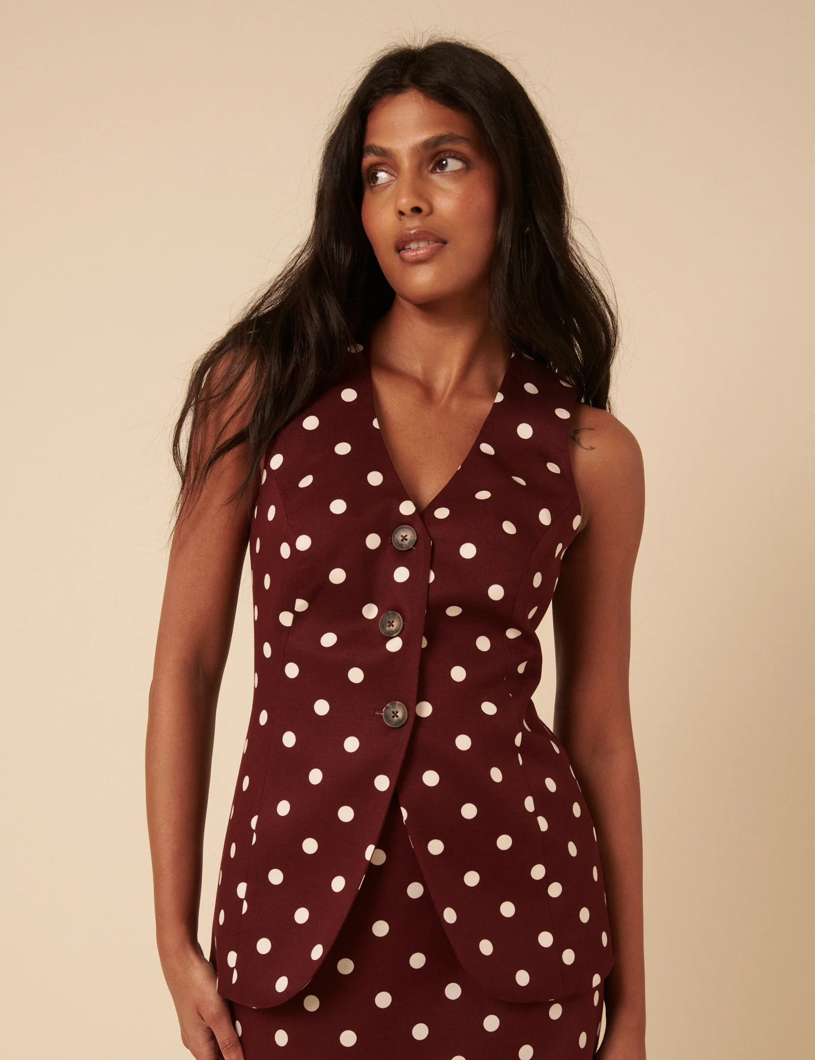 Burgundy Polka Dot Longline Waistcoat - Image 3