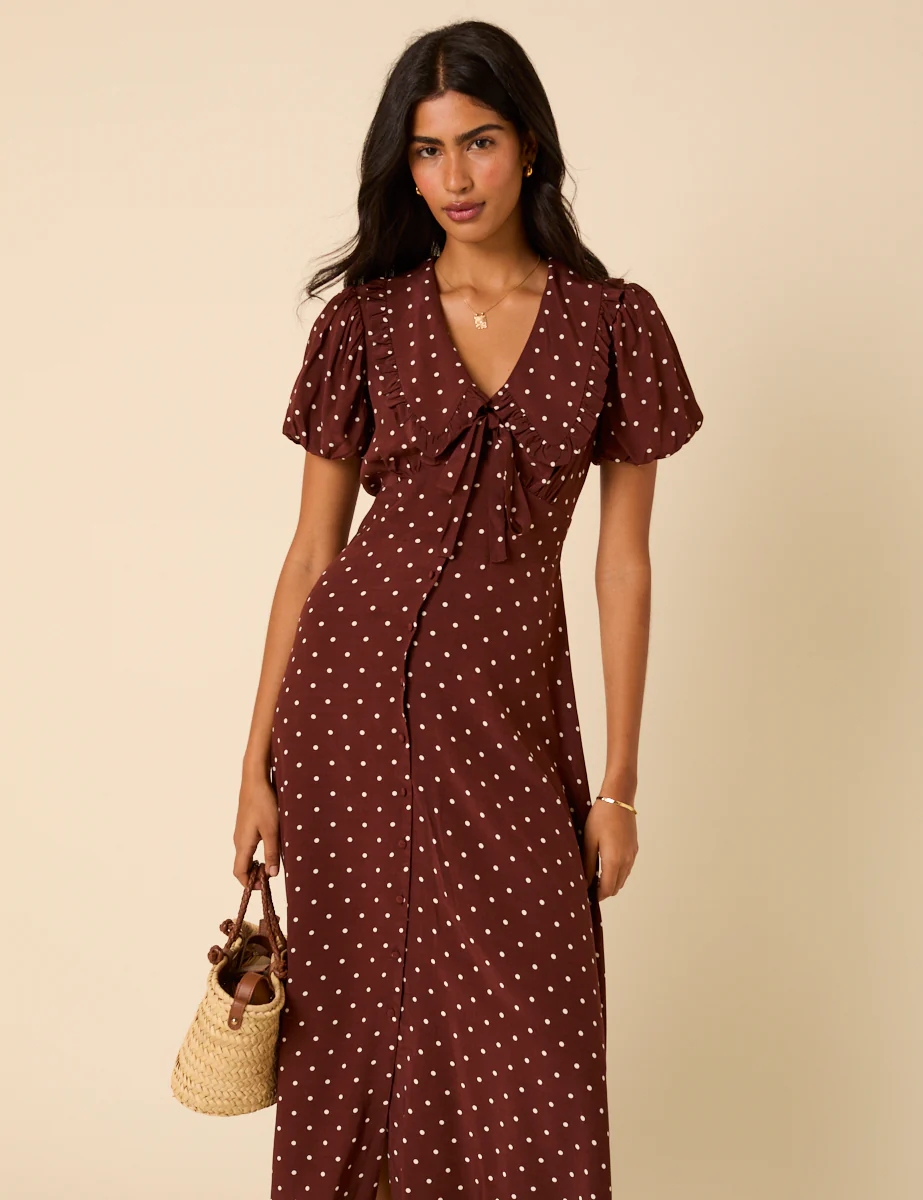 Brown Polka Dot Puff Sleeve Ottillie Midi Dress - Image 4