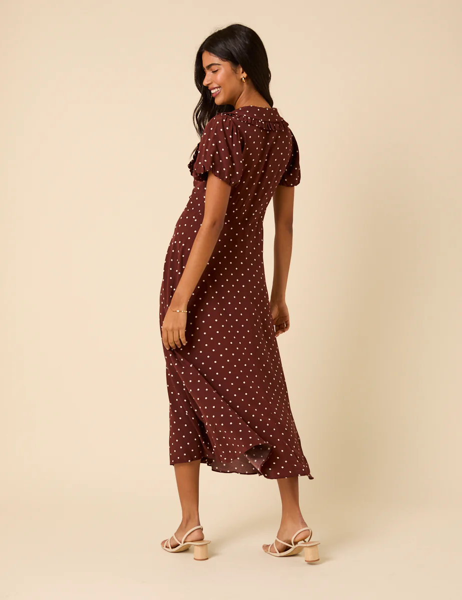 Brown Polka Dot Puff Sleeve Ottillie Midi Dress - Image 5