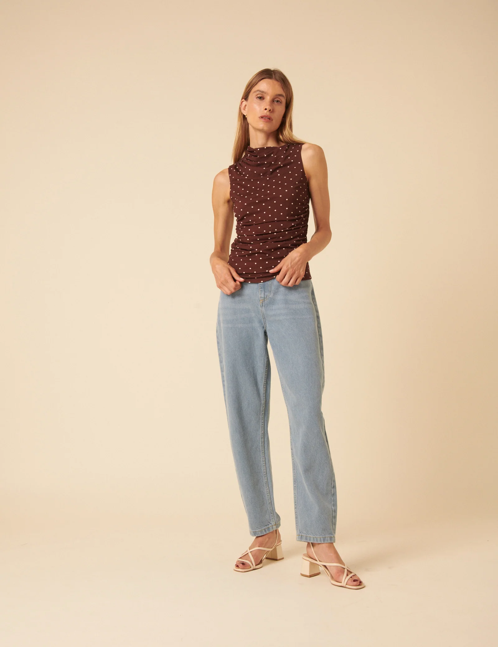 Brown Polka Dot Ruched Top - Image 2