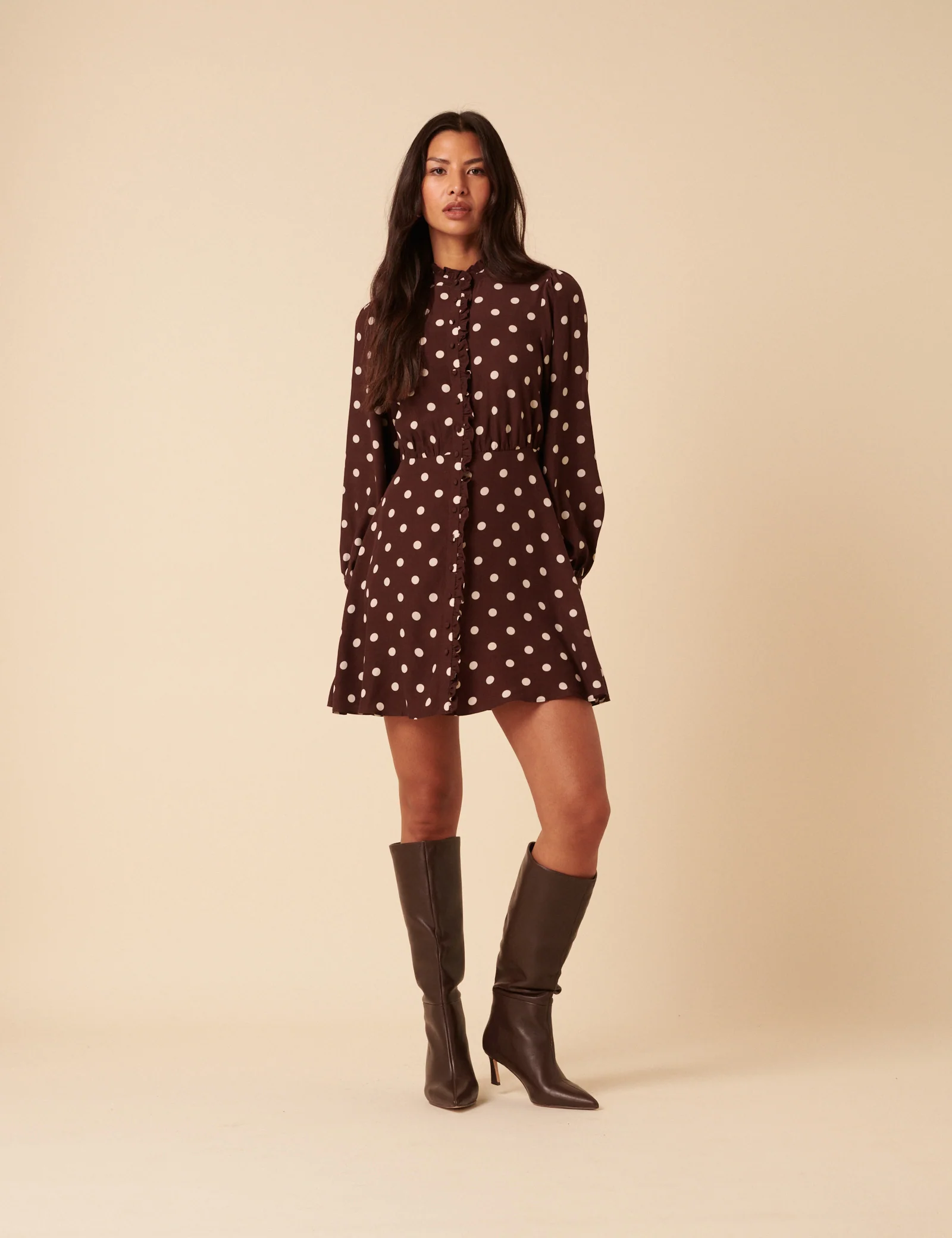 Brown Polka Dot Ruffle Gabi Mini Dress - Image 2