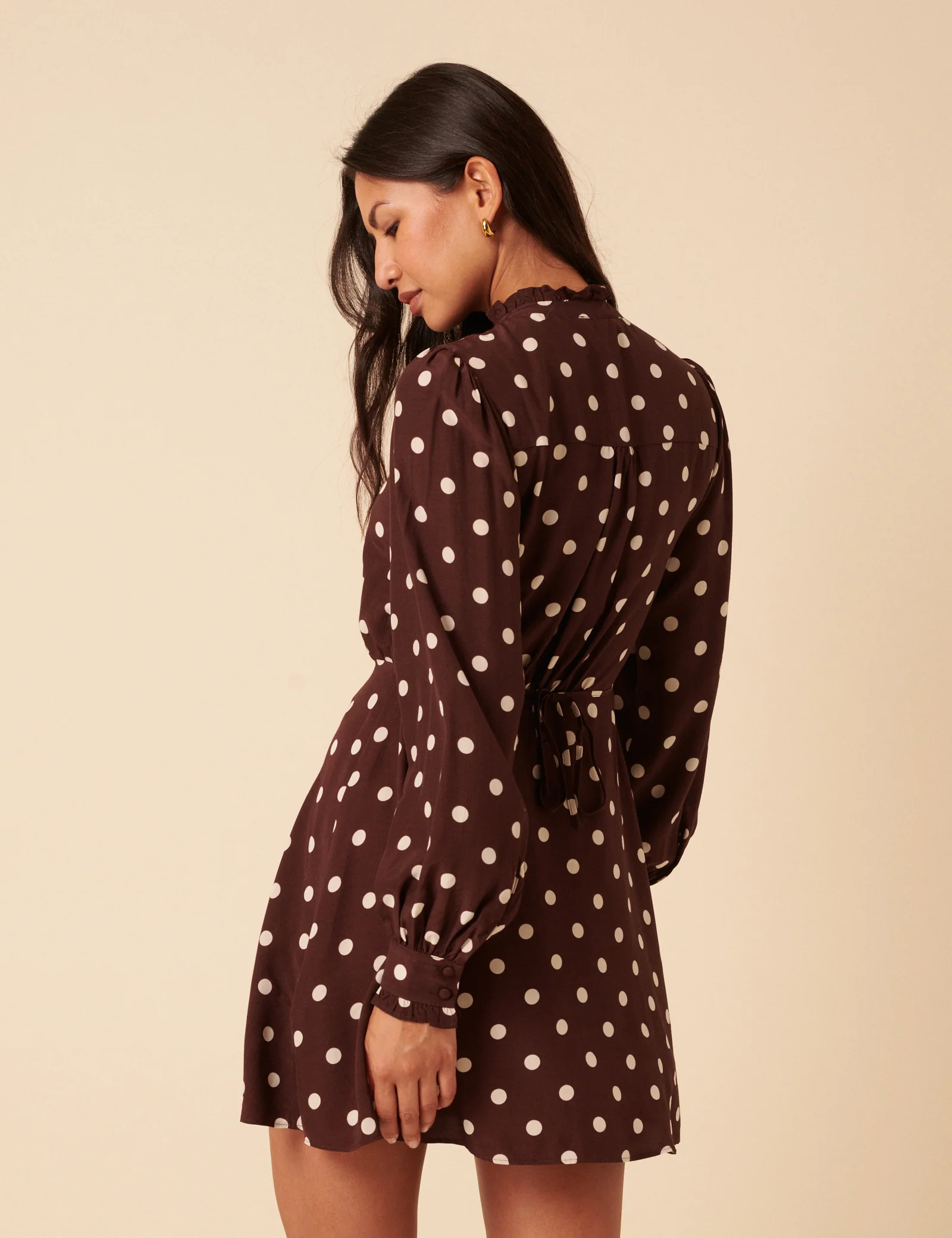 Brown Polka Dot Ruffle Gabi Mini Dress - Image 4