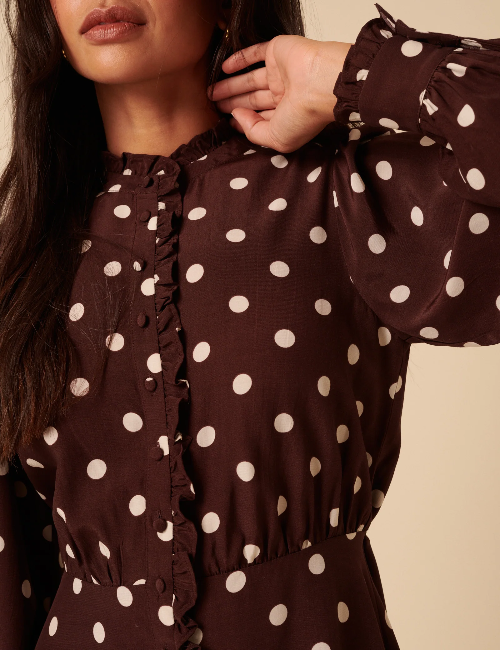 Brown Polka Dot Ruffle Gabi Mini Dress - Image 5