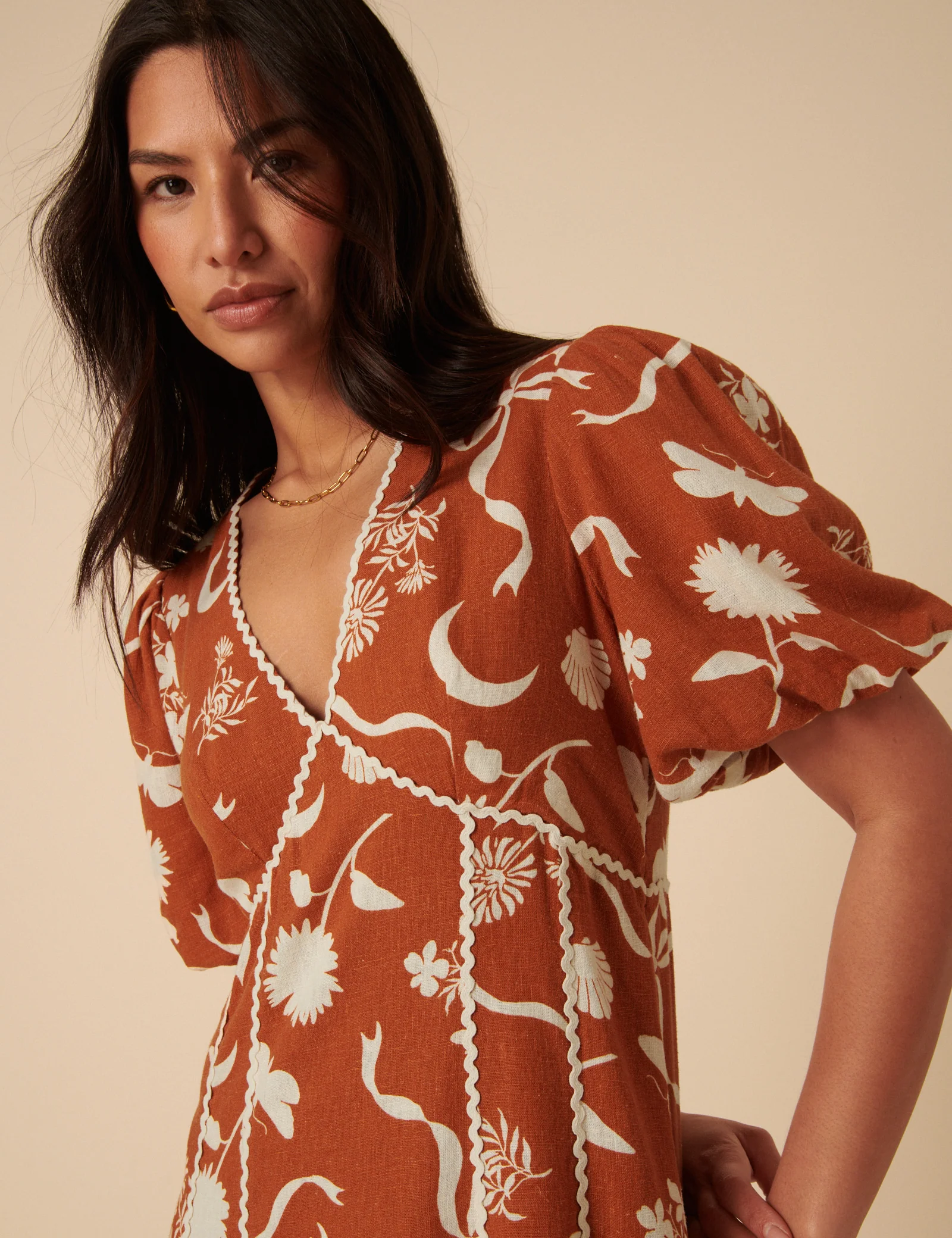 Brown Printed Linen-blend Lucy Midi Dress - Image 2
