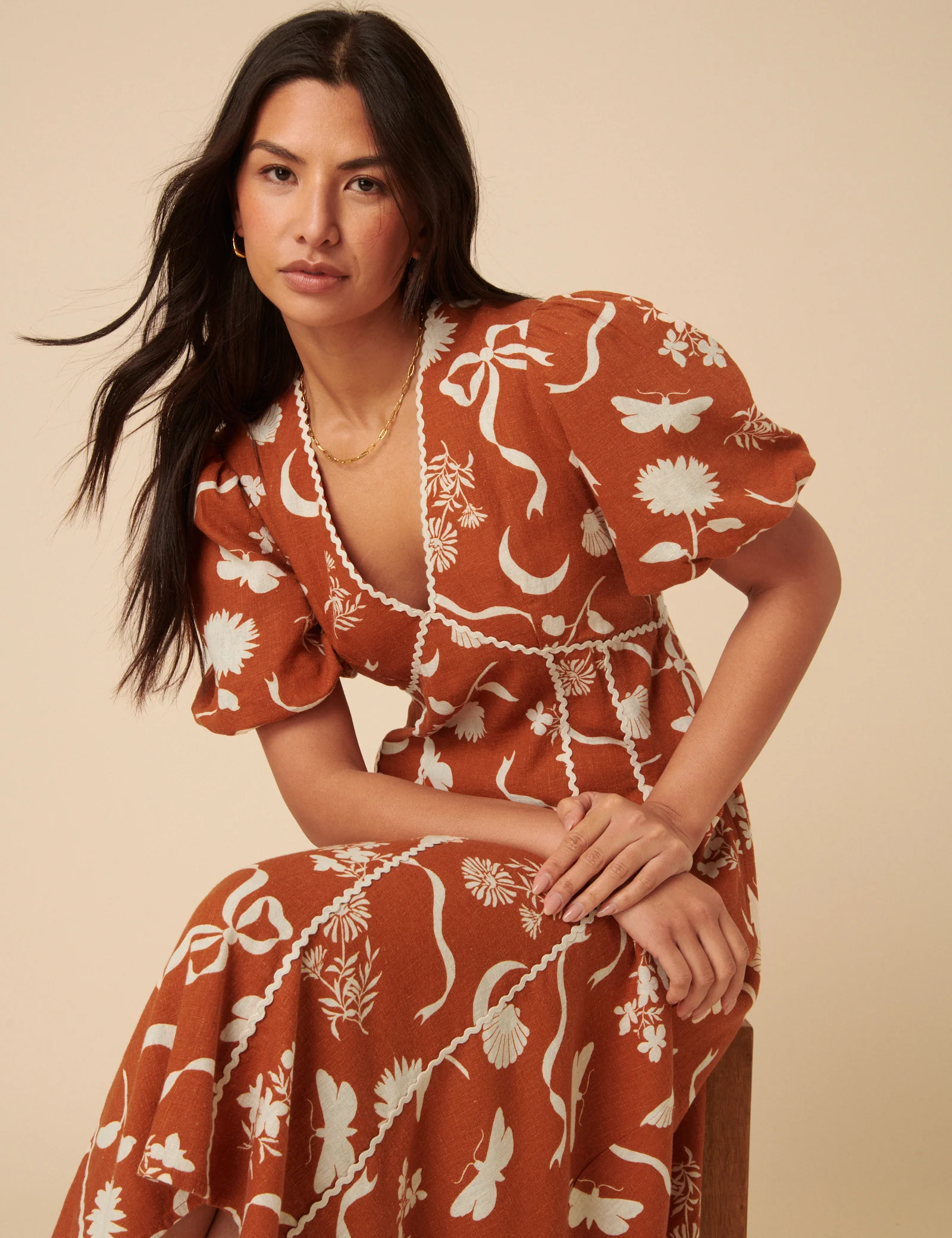 Brown Printed Linen-blend Lucy Midi Dress - Image 4