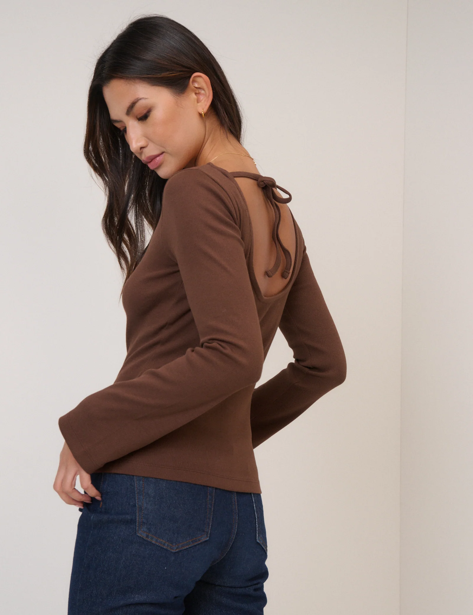 Brown Ribbed Flute Sleeve Top - Image 2