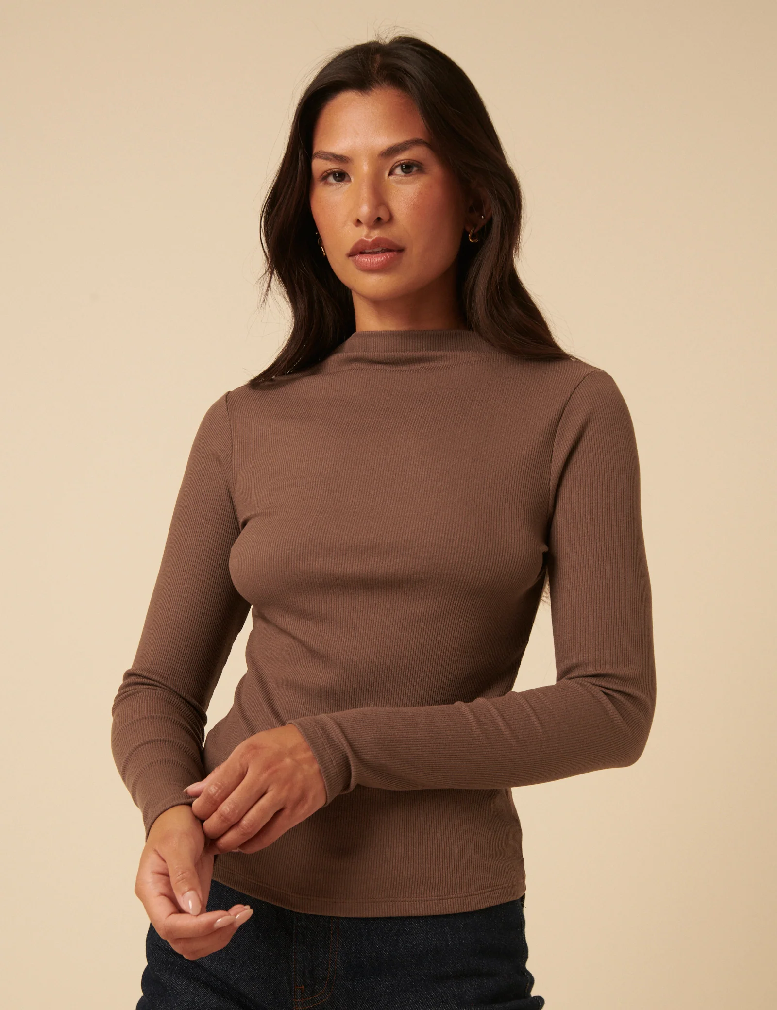 Brown Ribbed High Neck Long Sleeve Top - Image 4