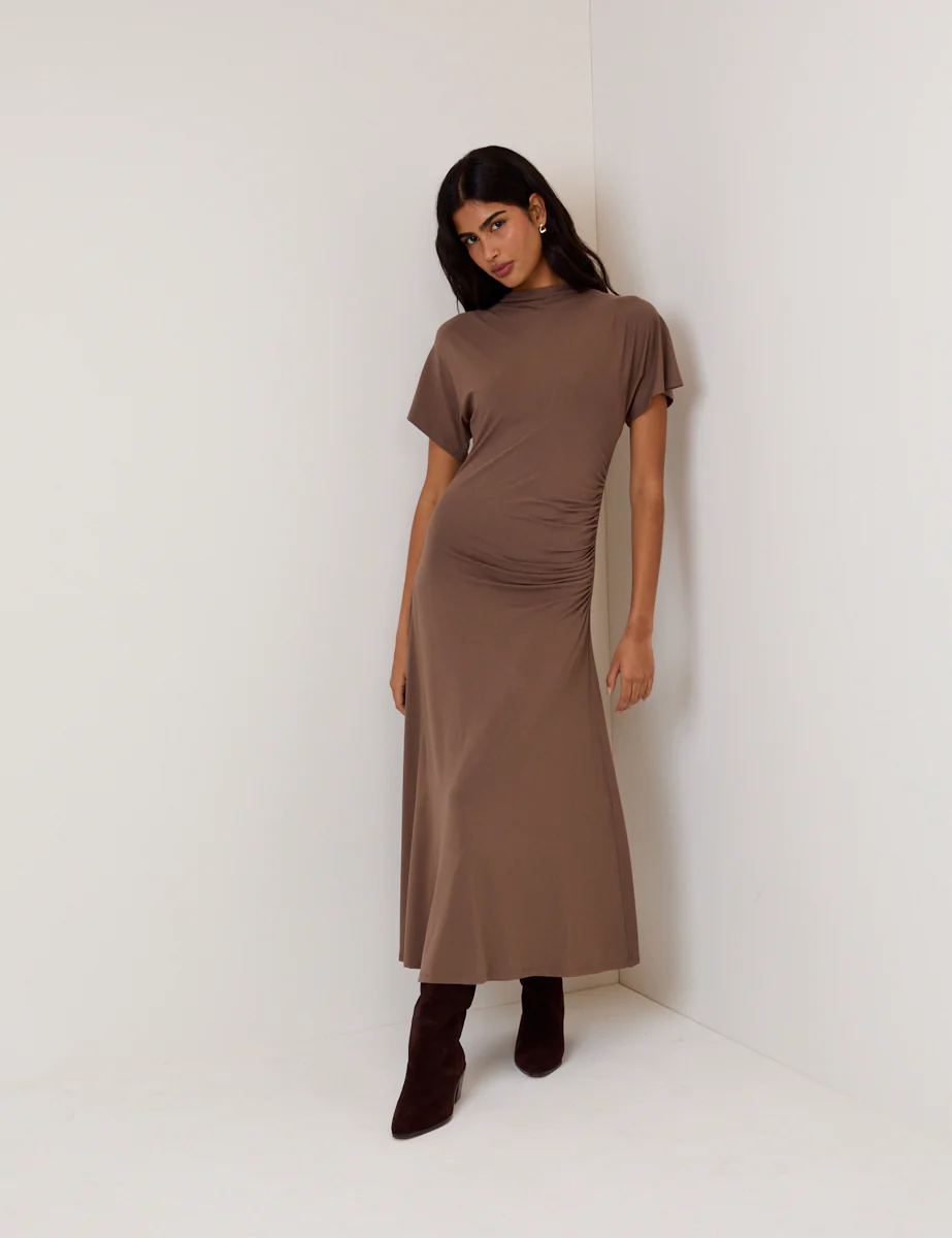 Brown Ruched Niamh Jersey Midi Dress - Image 3