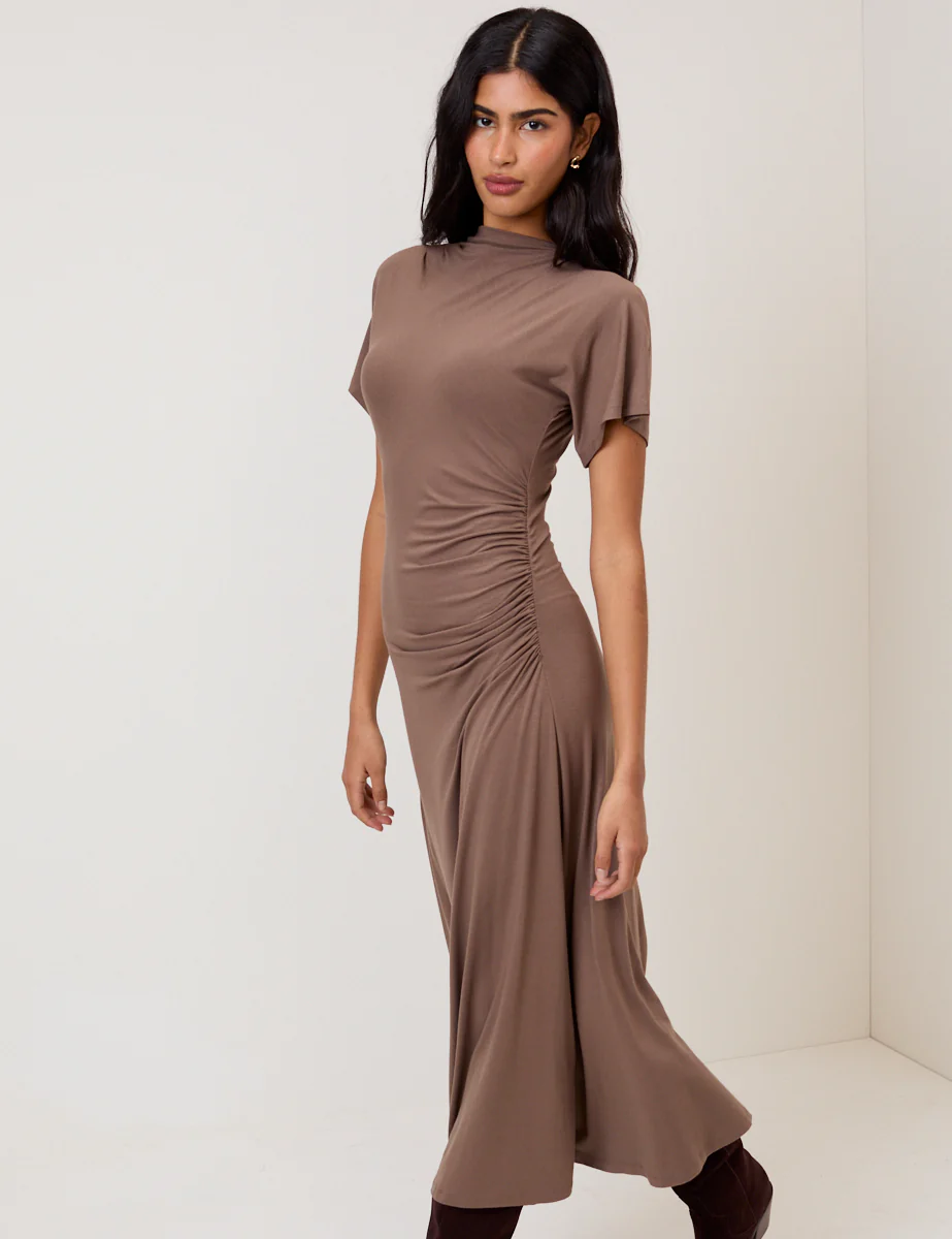 Brown Ruched Niamh Jersey Midi Dress - Image 4