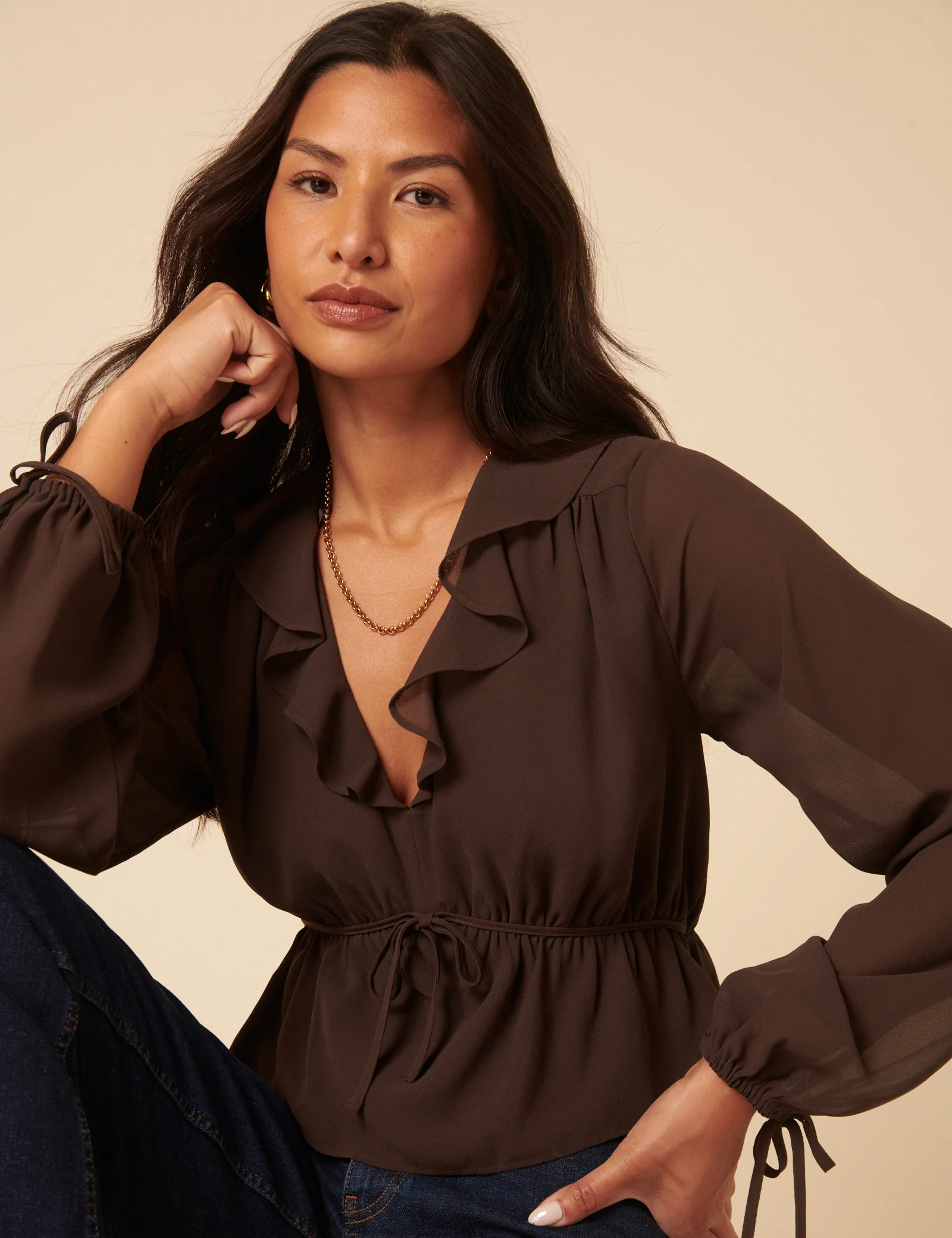 Brown Ruffle Long Sleeve Top - Image 2