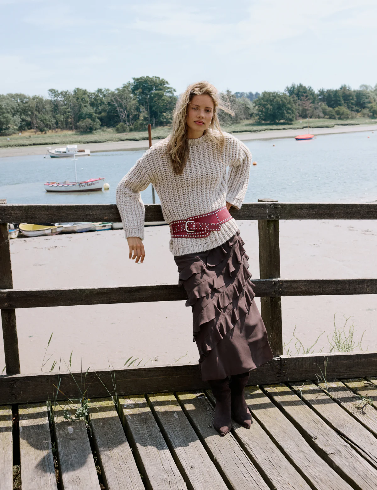 Brown Ruffle Midi Skirt
