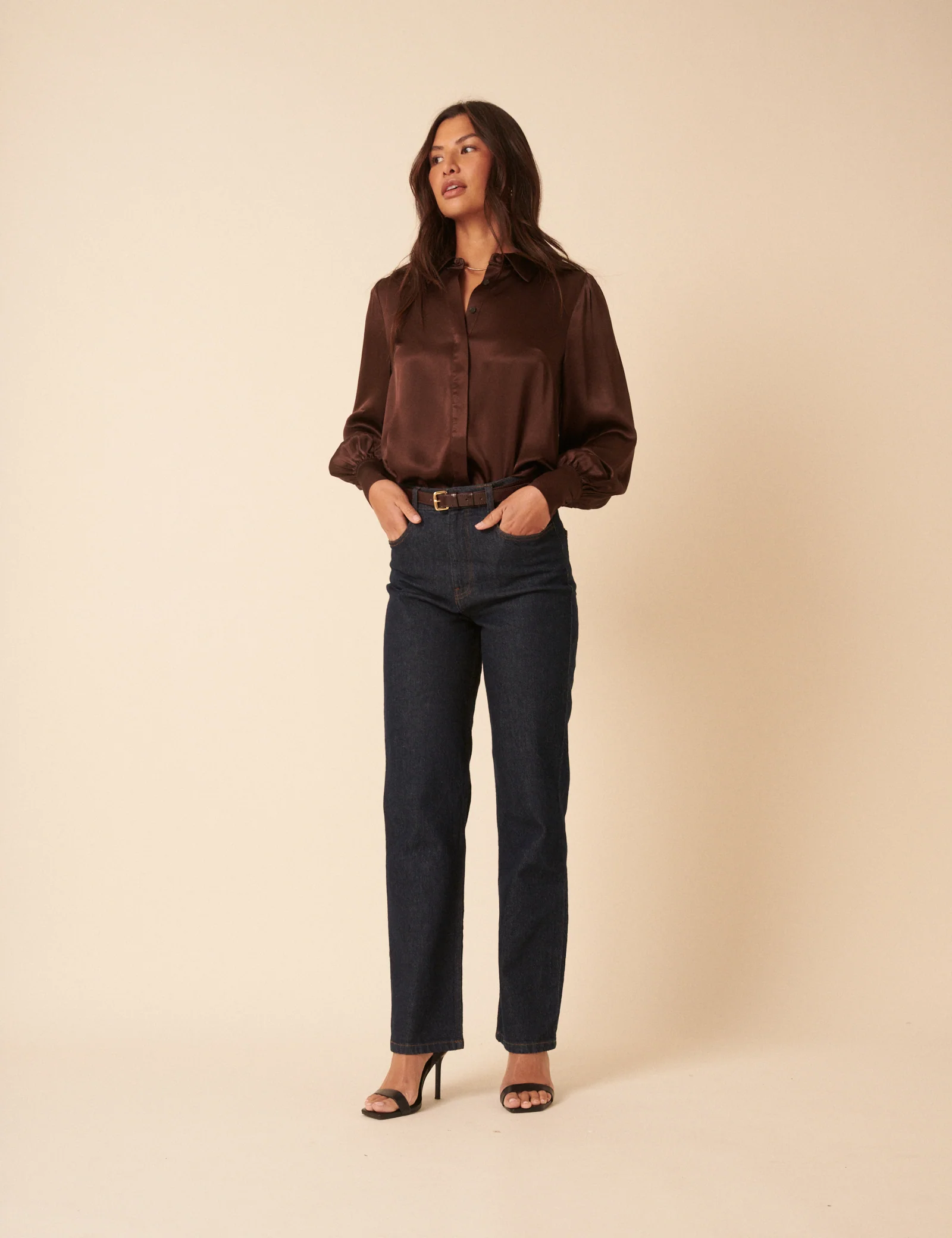 Brown Satin Balloon Sleeve Blouse - Image 3