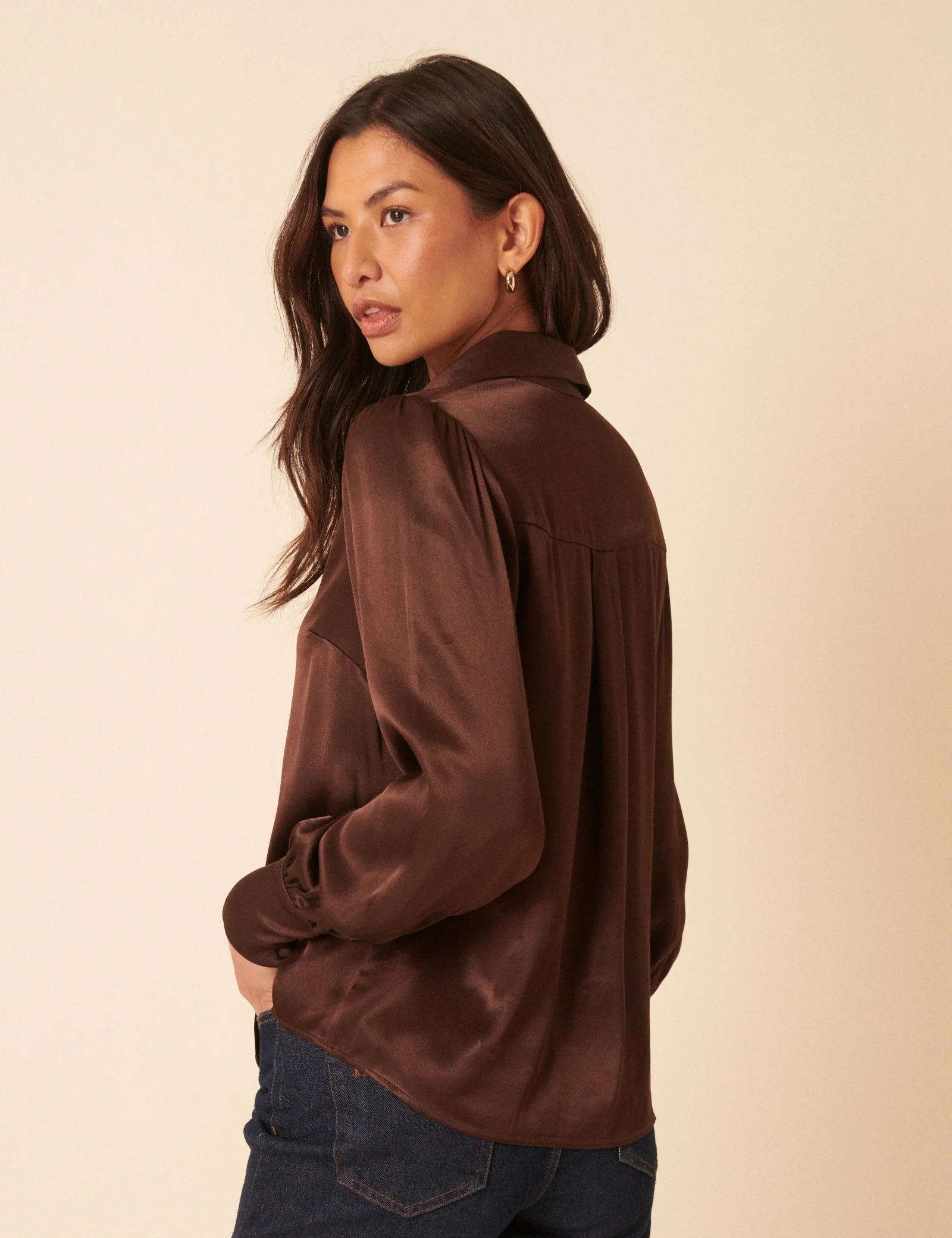 Brown Satin Balloon Sleeve Blouse - Image 5