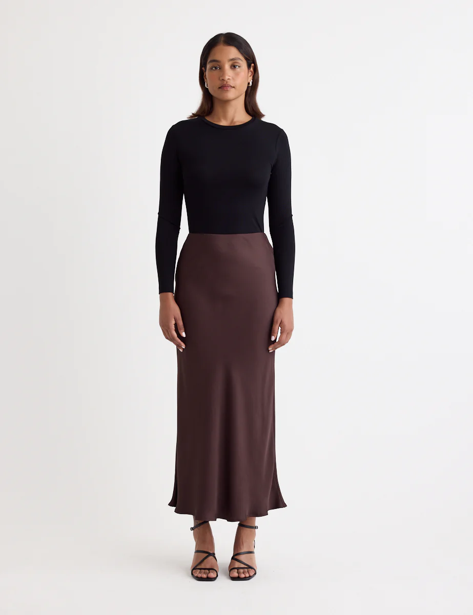 Brown Satin Mila Midi Slip Skirt - Image 2