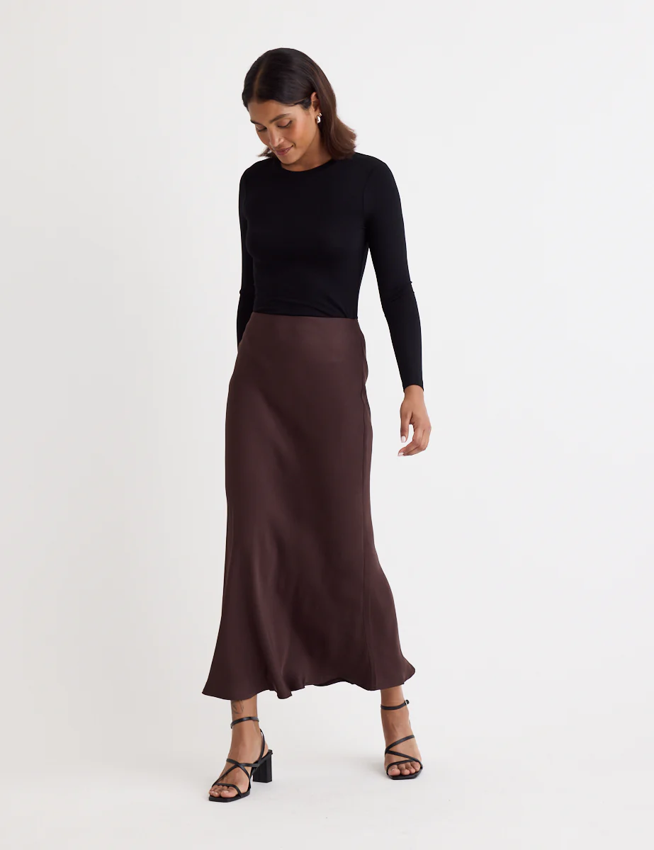 Brown Satin Mila Midi Slip Skirt - Image 3