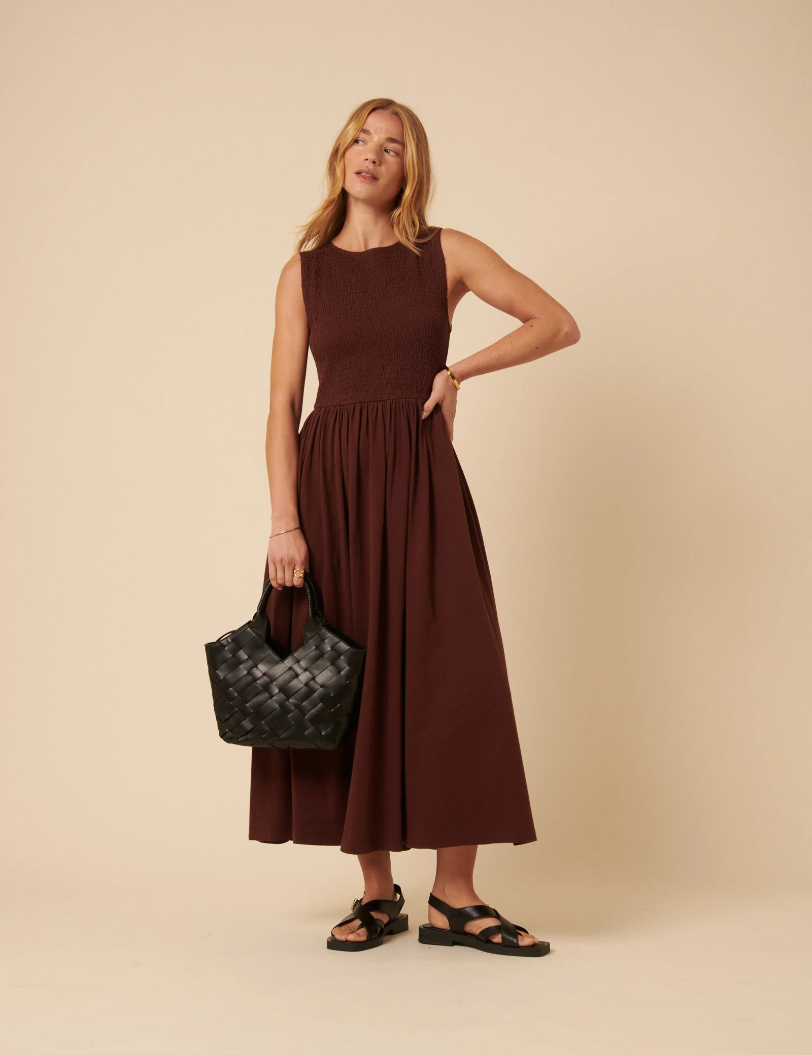 Brown Shirred Bodice Billie Midi Dress - Image 4